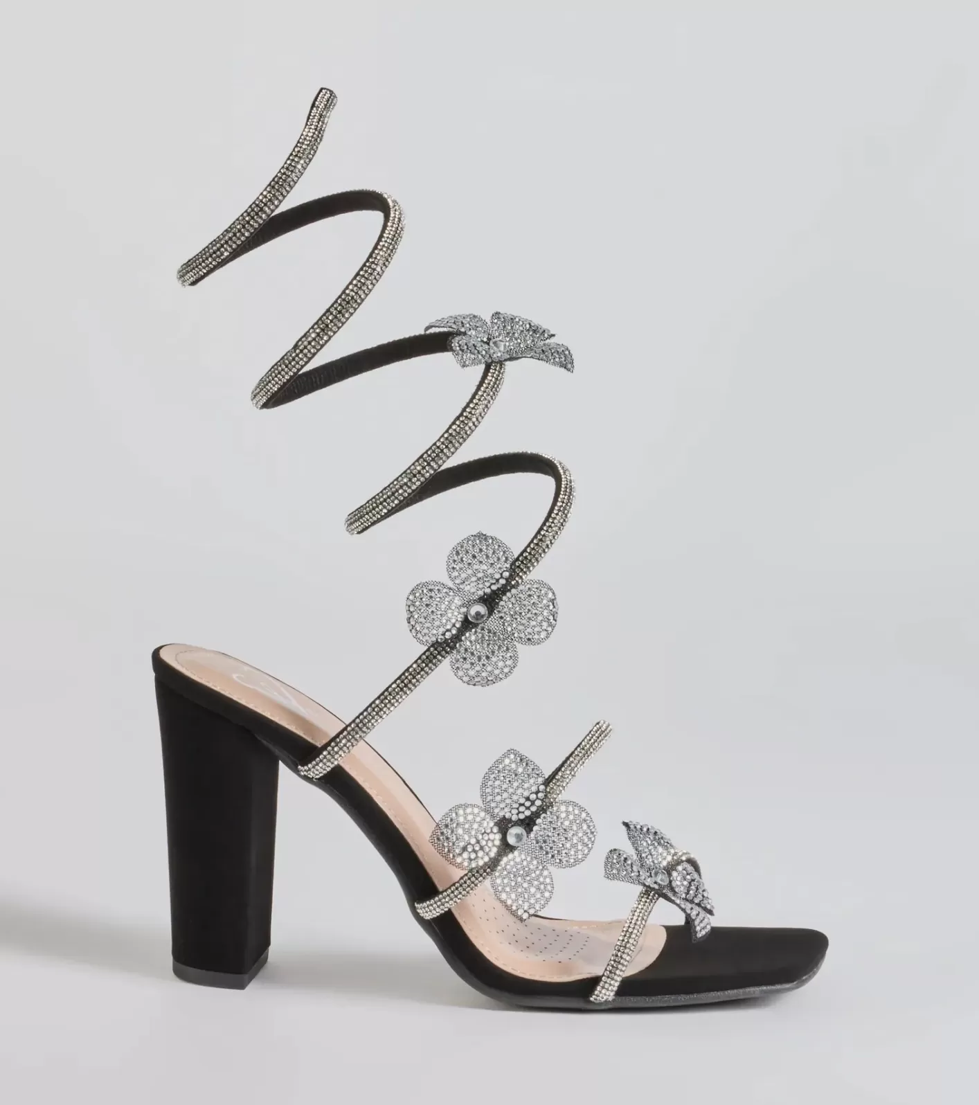 Windsor Major Beauty Rhinestone Floral Spiral Block Heels BLACK Hot