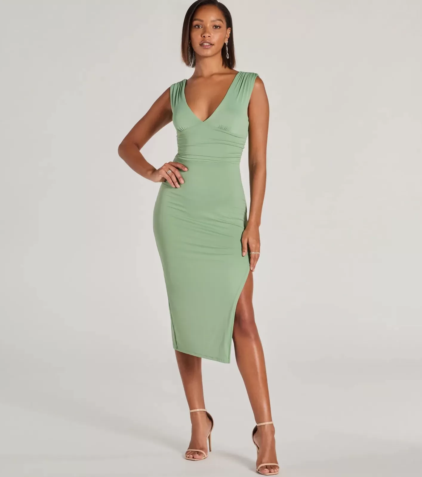 Windsor Make It Stunning Sleeveless Bodycon Slit Midi Dress SAGE Flash Sale
