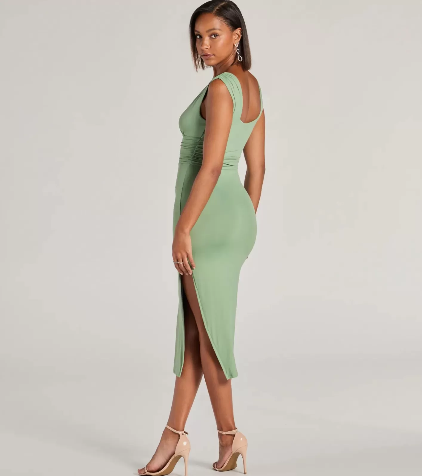 Windsor Make It Stunning Sleeveless Bodycon Slit Midi Dress SAGE Flash Sale