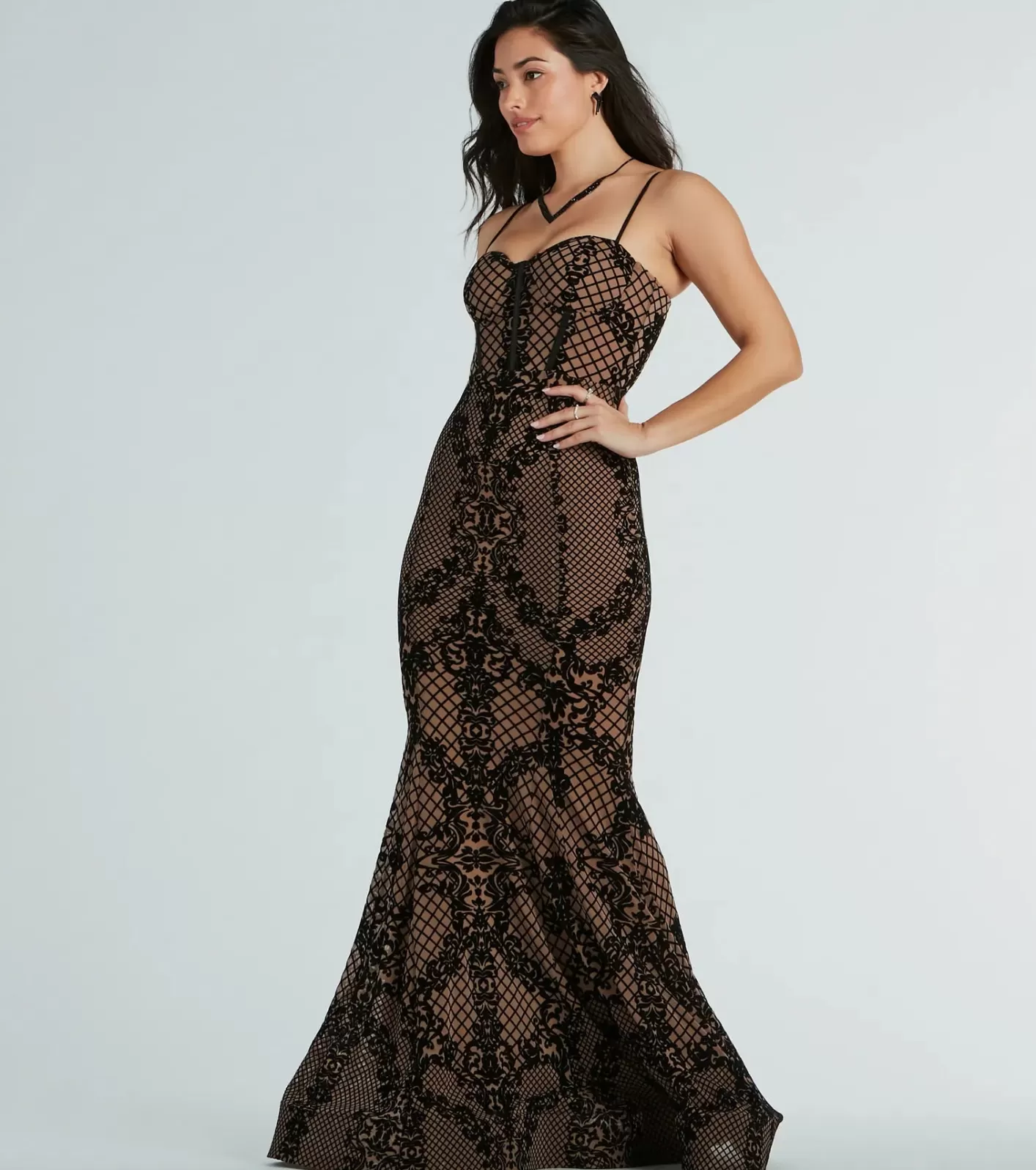 Windsor Malie Bustier Mermaid Flocked Velvet Formal Dress BLACK Shop