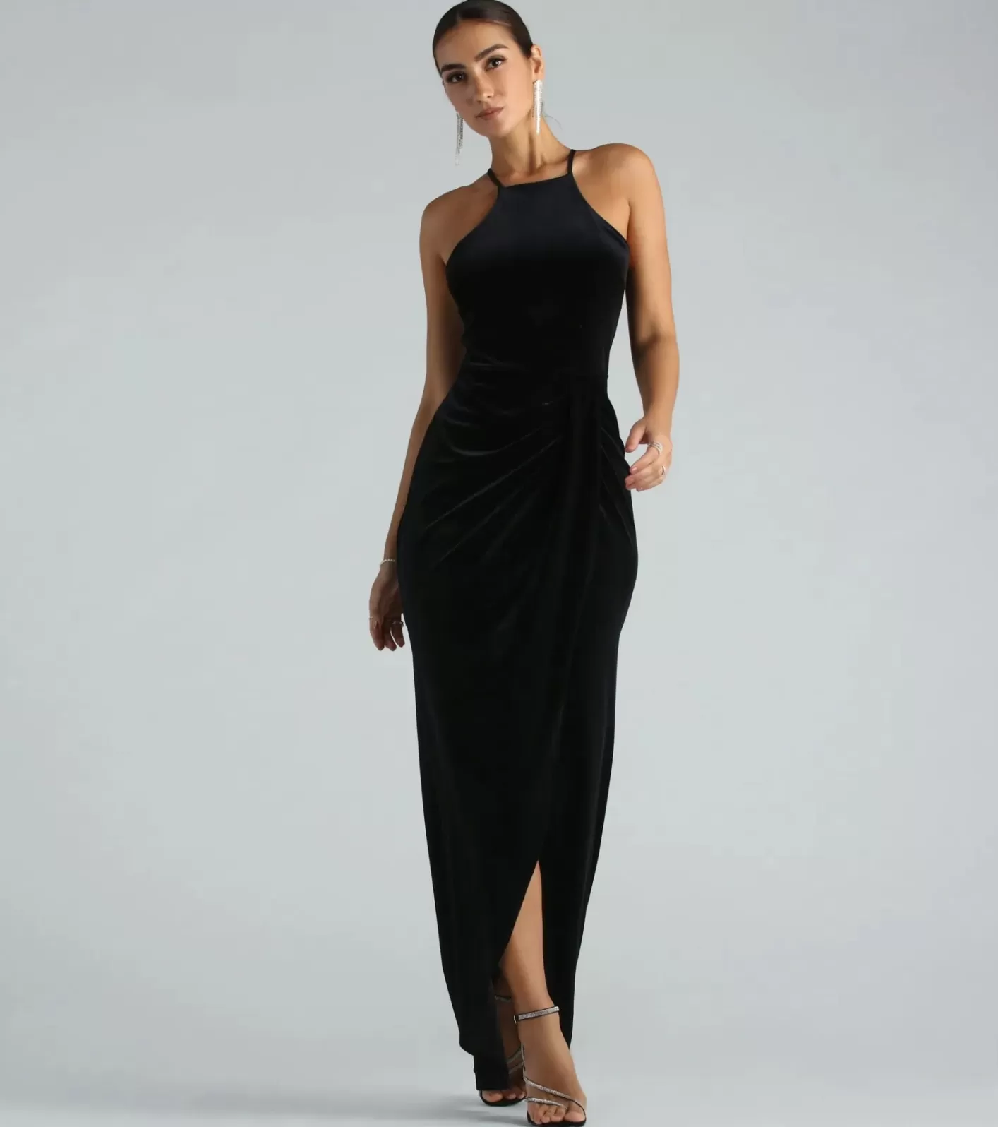 Windsor Marcela Formal Velvet High Neck Long Dress BLACK Best Sale