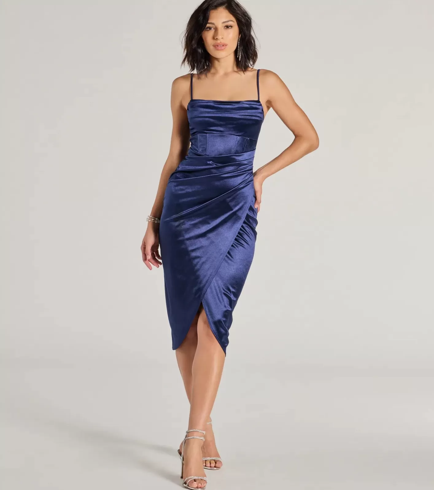 Windsor Margaret Formal Satin Wrap Midi Dress NAVY Clearance