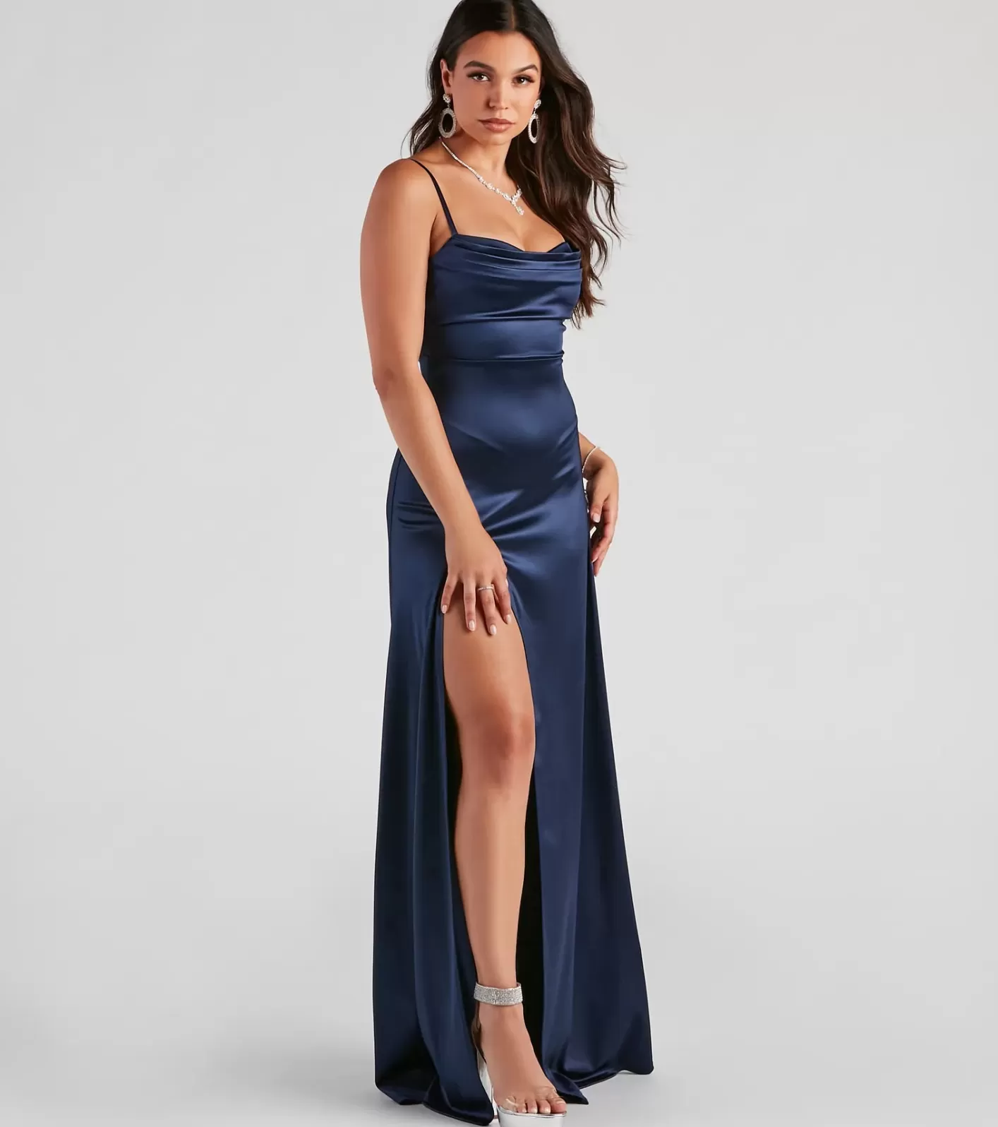 Windsor Marissa Formal Satin Cowl Neck Dress NAVY Store