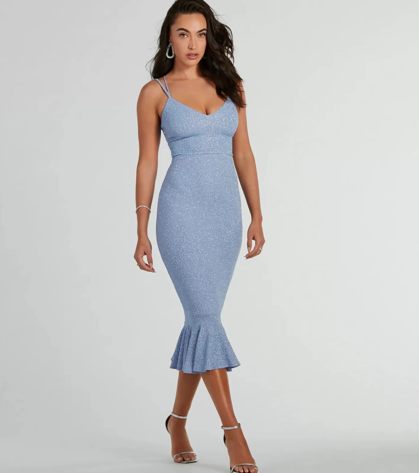 Windsor Marlee Lace-Up Mermaid Glitter Midi Formal Dress PERIWINKLE Clearance