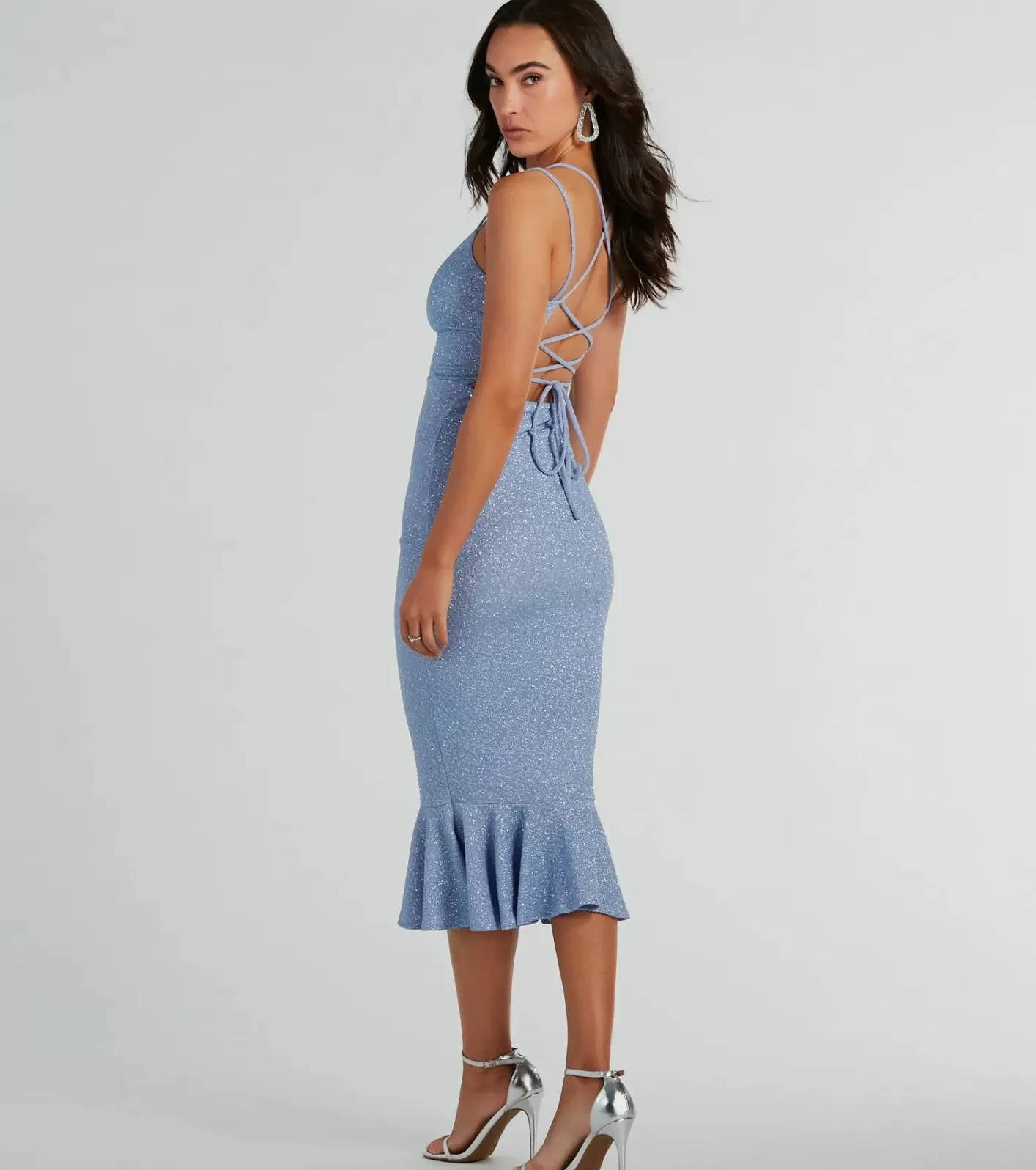 Windsor Marlee Lace-Up Mermaid Glitter Midi Formal Dress PERIWINKLE Clearance