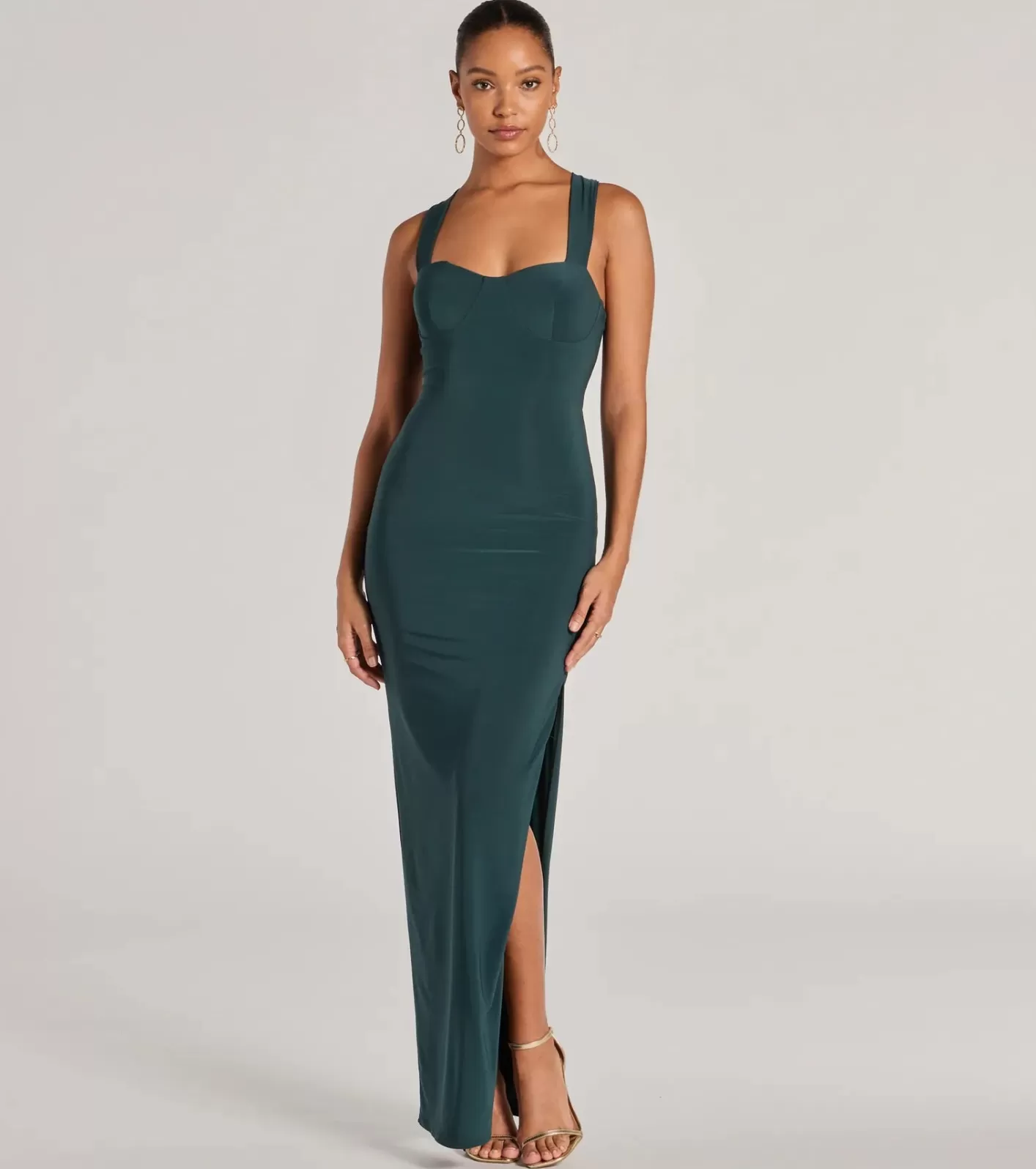 Windsor Marleigh Lace-Up High Slit Formal Dress HUNTER Clearance