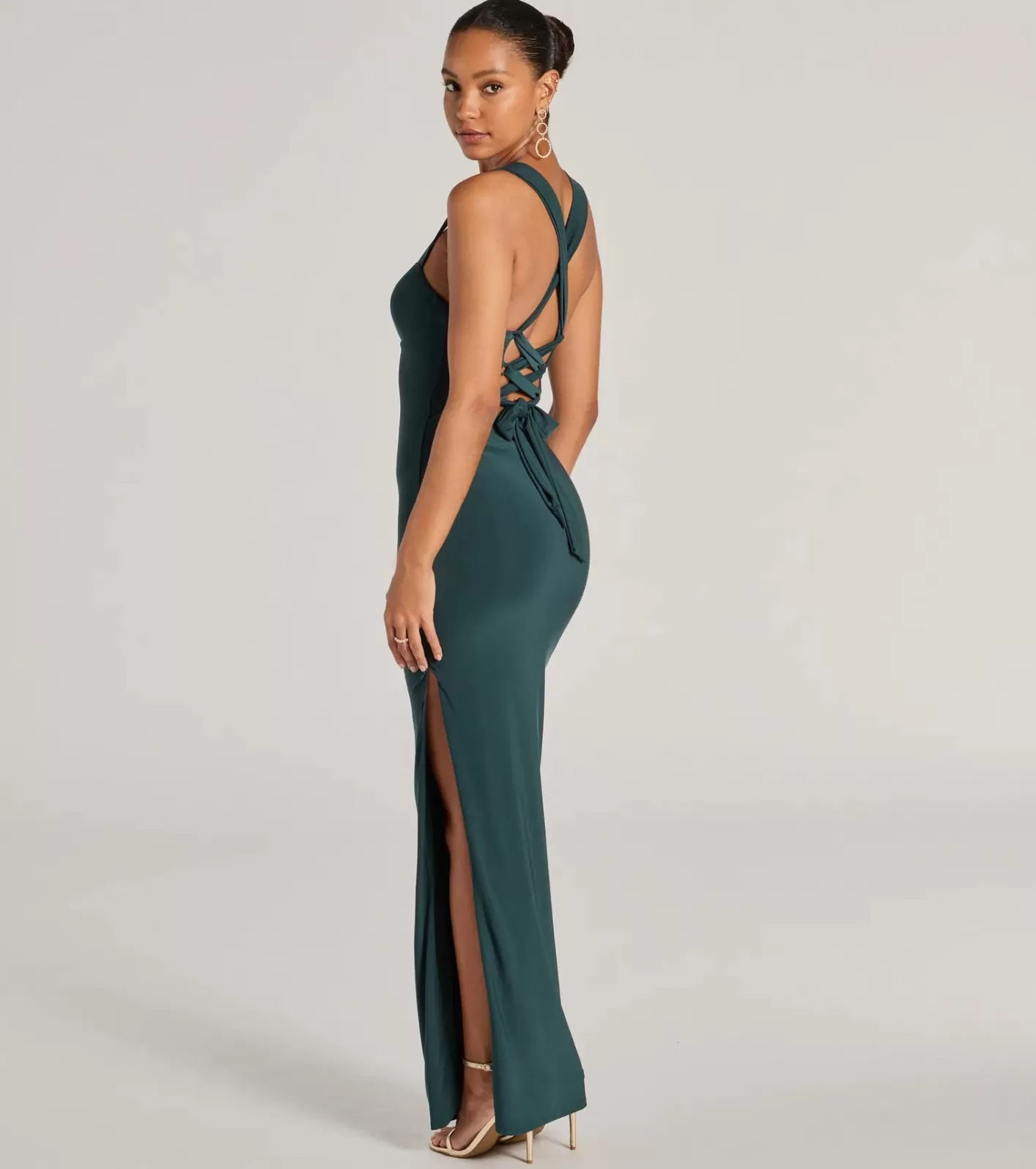 Windsor Marleigh Lace-Up High Slit Formal Dress HUNTER Clearance