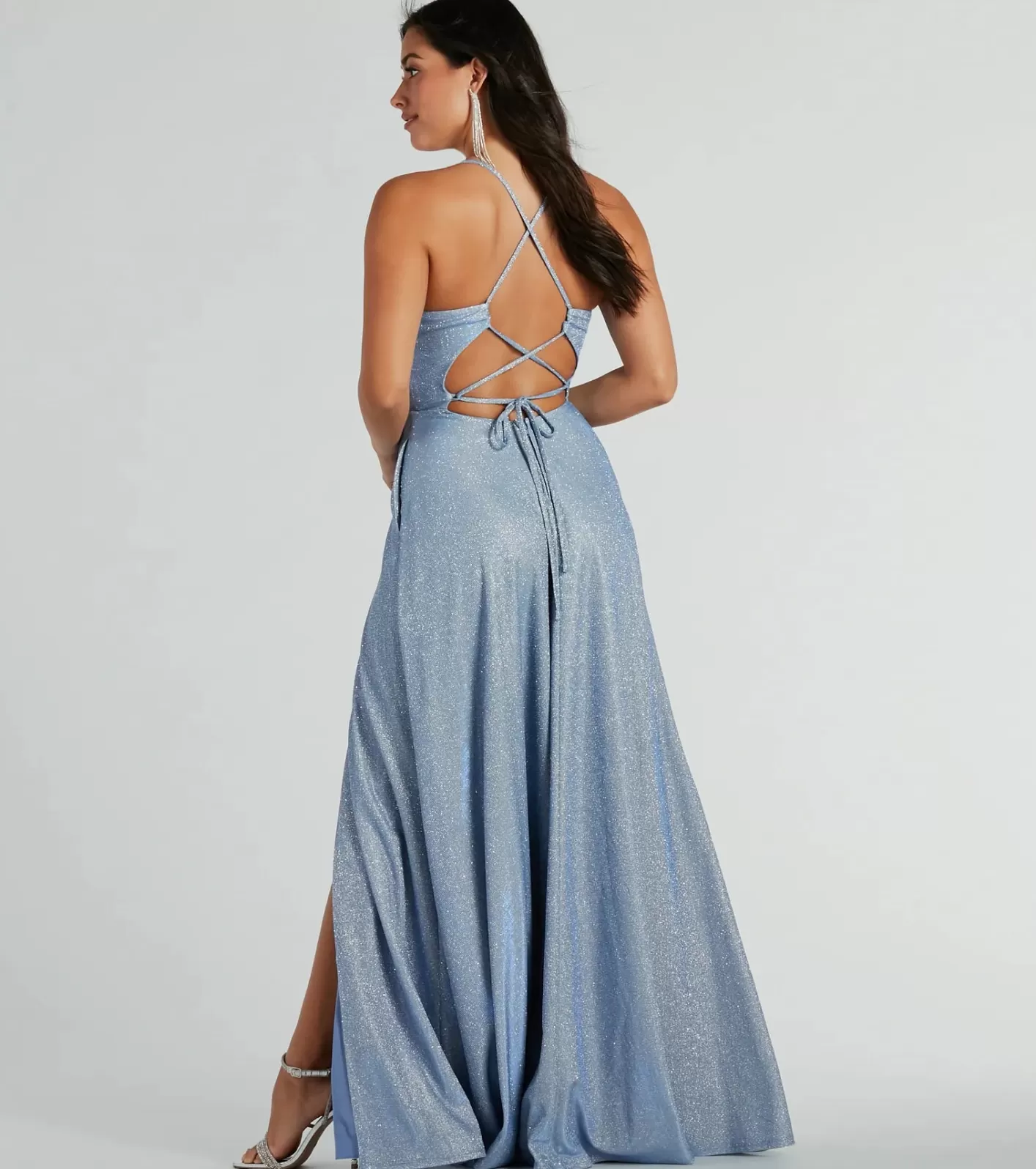 Windsor Mary Lace Up A-Line Glitter Formal Dress With Pockets DENIM Clearance