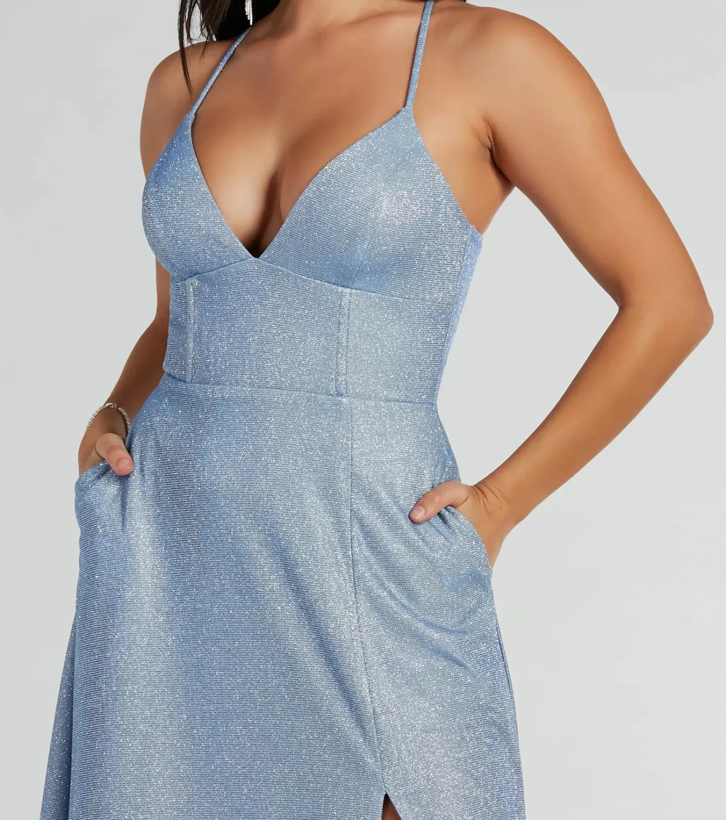 Windsor Mary Lace Up A-Line Glitter Formal Dress With Pockets DENIM Clearance