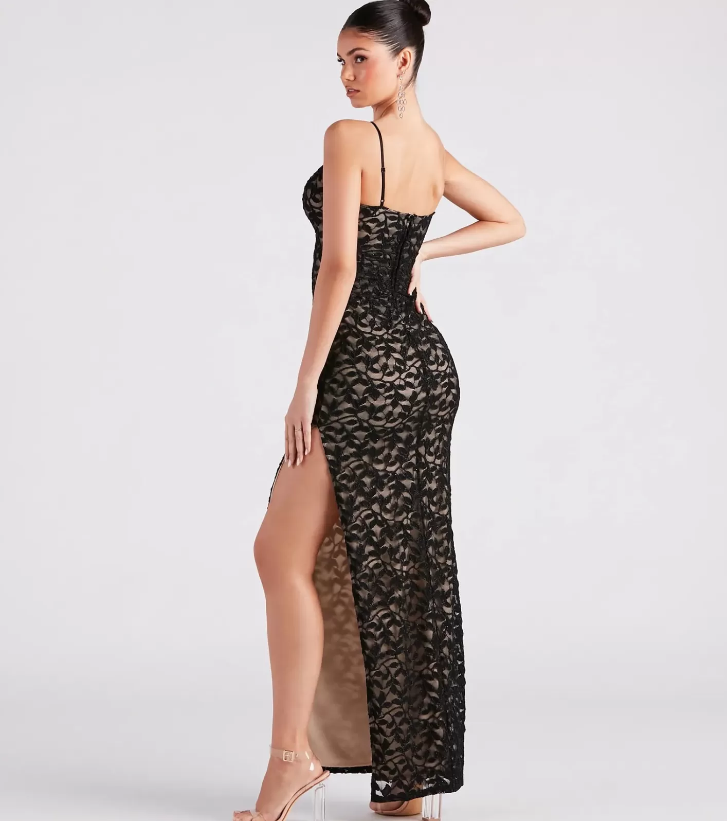 Windsor Marylou Lace Mesh Plunge Neck Formal Dress BLACK Discount