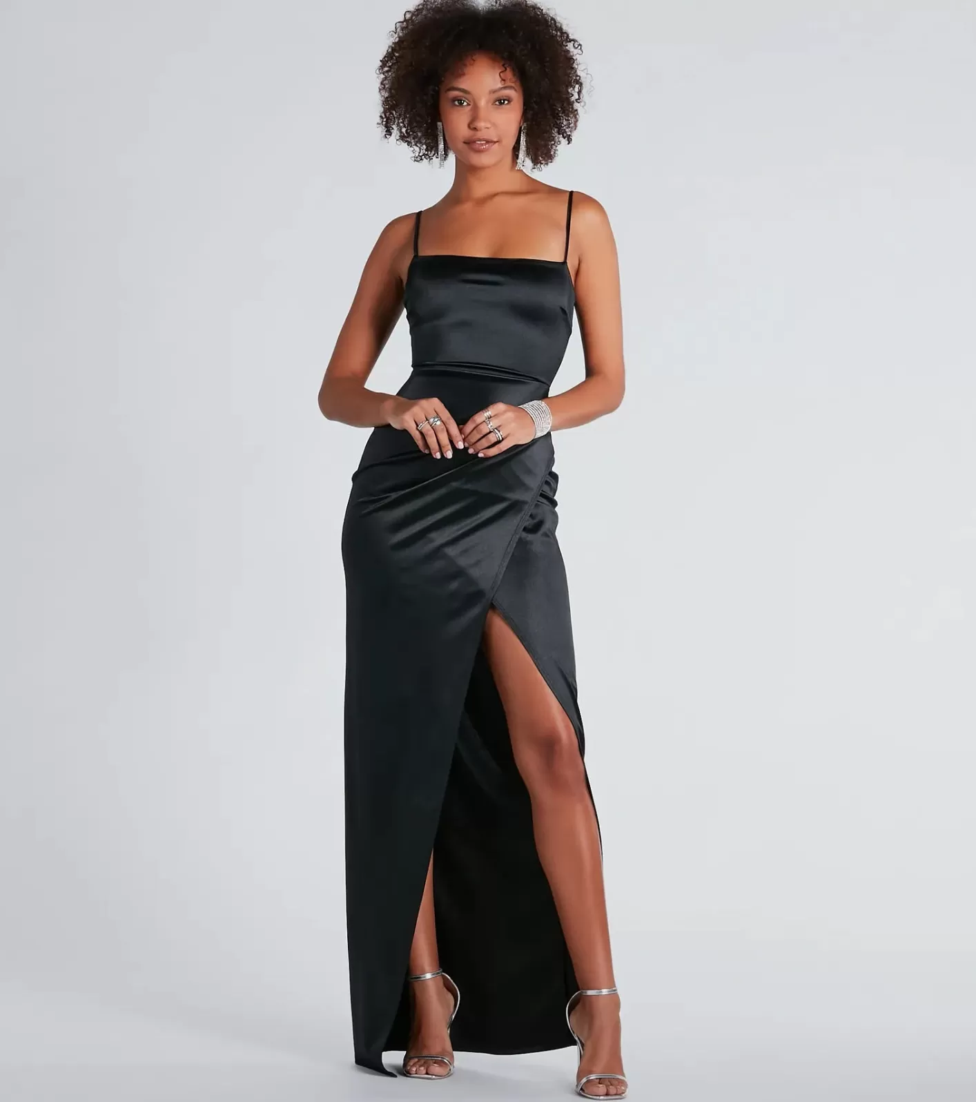 Windsor Mayra Formal Satin Slit Long Dress BLACK New