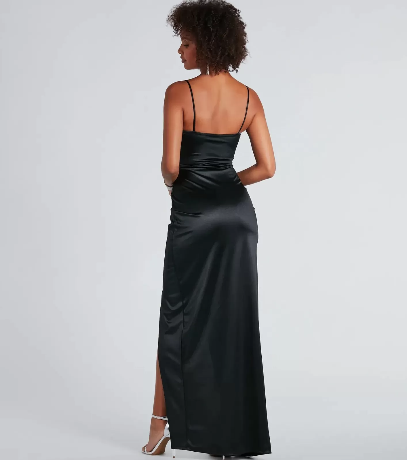 Windsor Mayra Formal Satin Slit Long Dress BLACK New