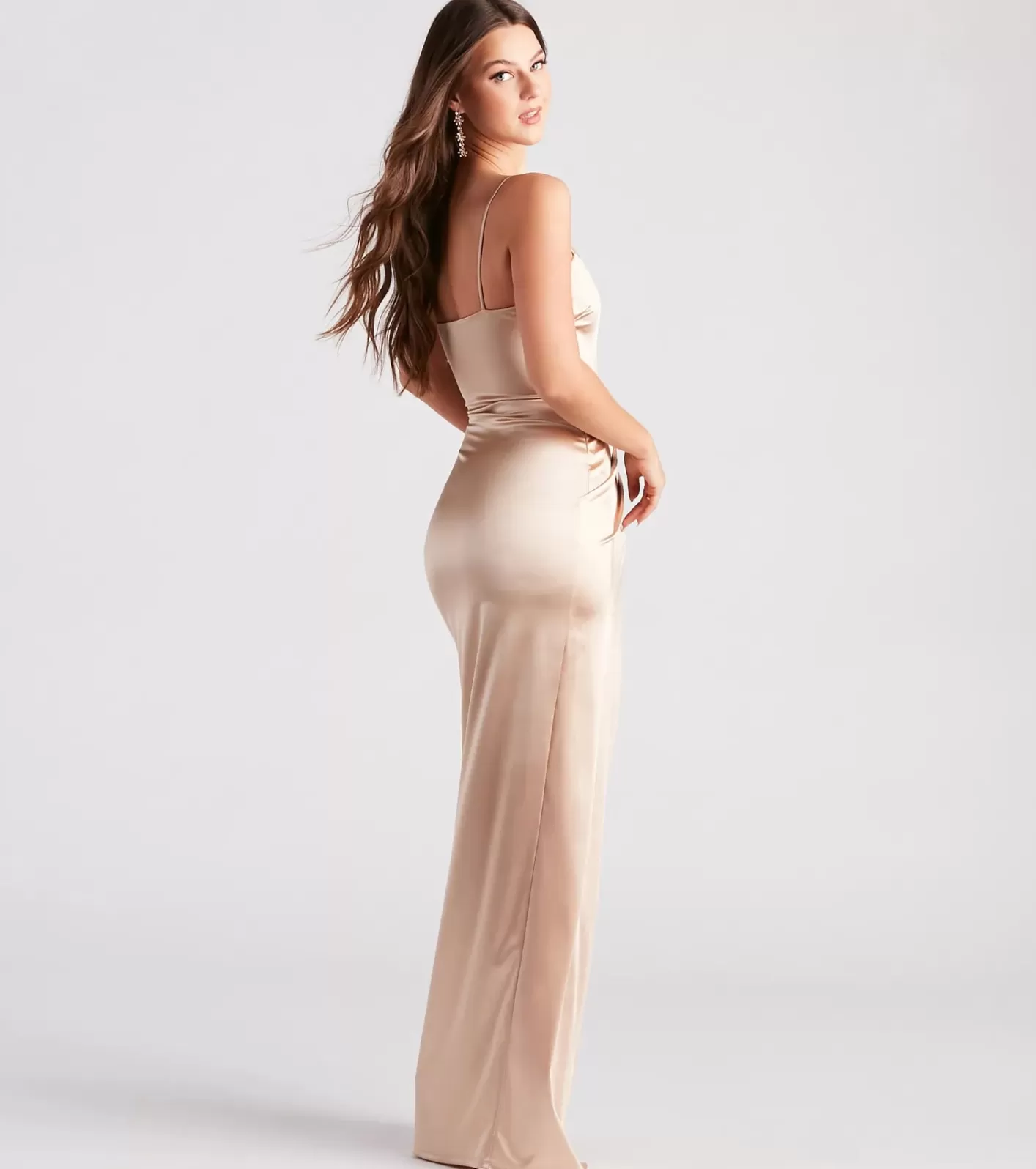 Windsor Mayra Formal Satin Slit Long Dress TAUPE Flash Sale