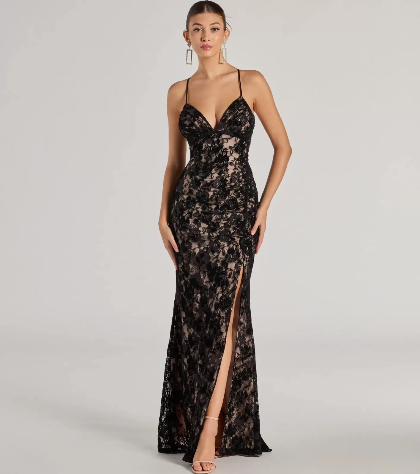 Windsor Mckenna Velvet Flocked Lace Mermaid Dress BLACK Sale