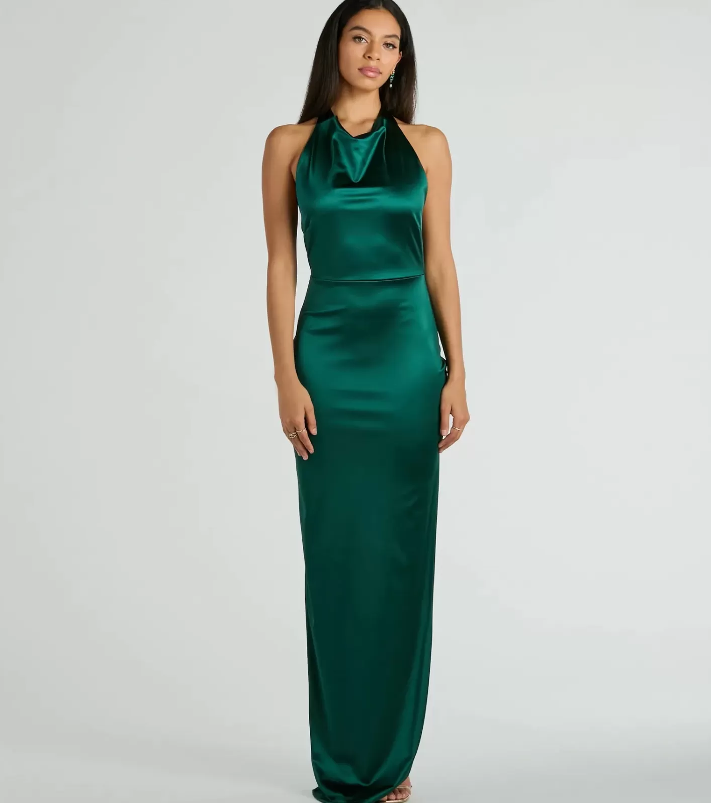 Windsor Melina Halter Slim Long Satin Formal Dress HUNTER Online