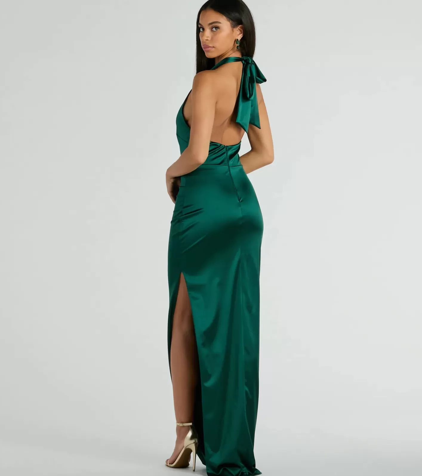 Windsor Melina Halter Slim Long Satin Formal Dress HUNTER Online