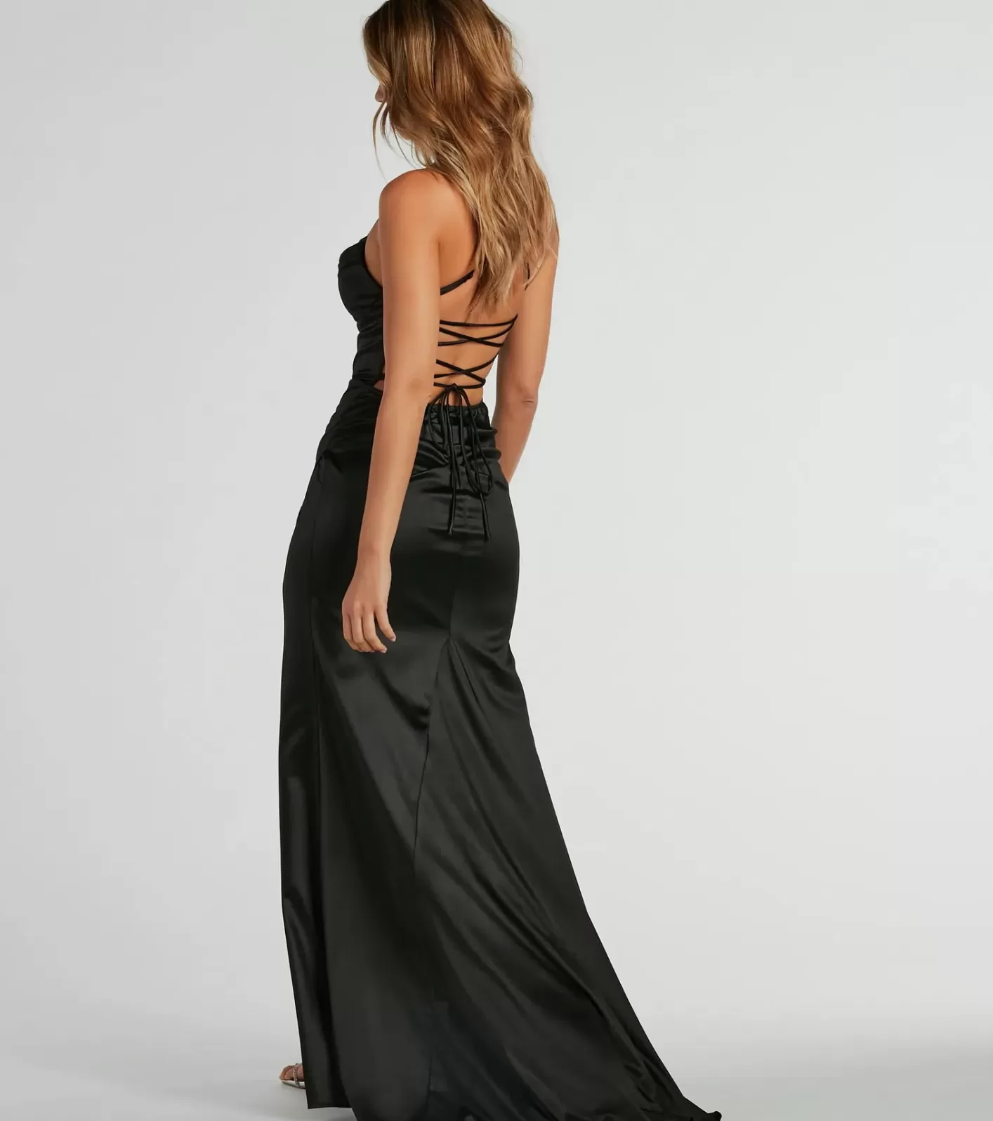 Windsor Melinda Formal Satin Lace-Up Mermaid Dress BLACK Best Sale