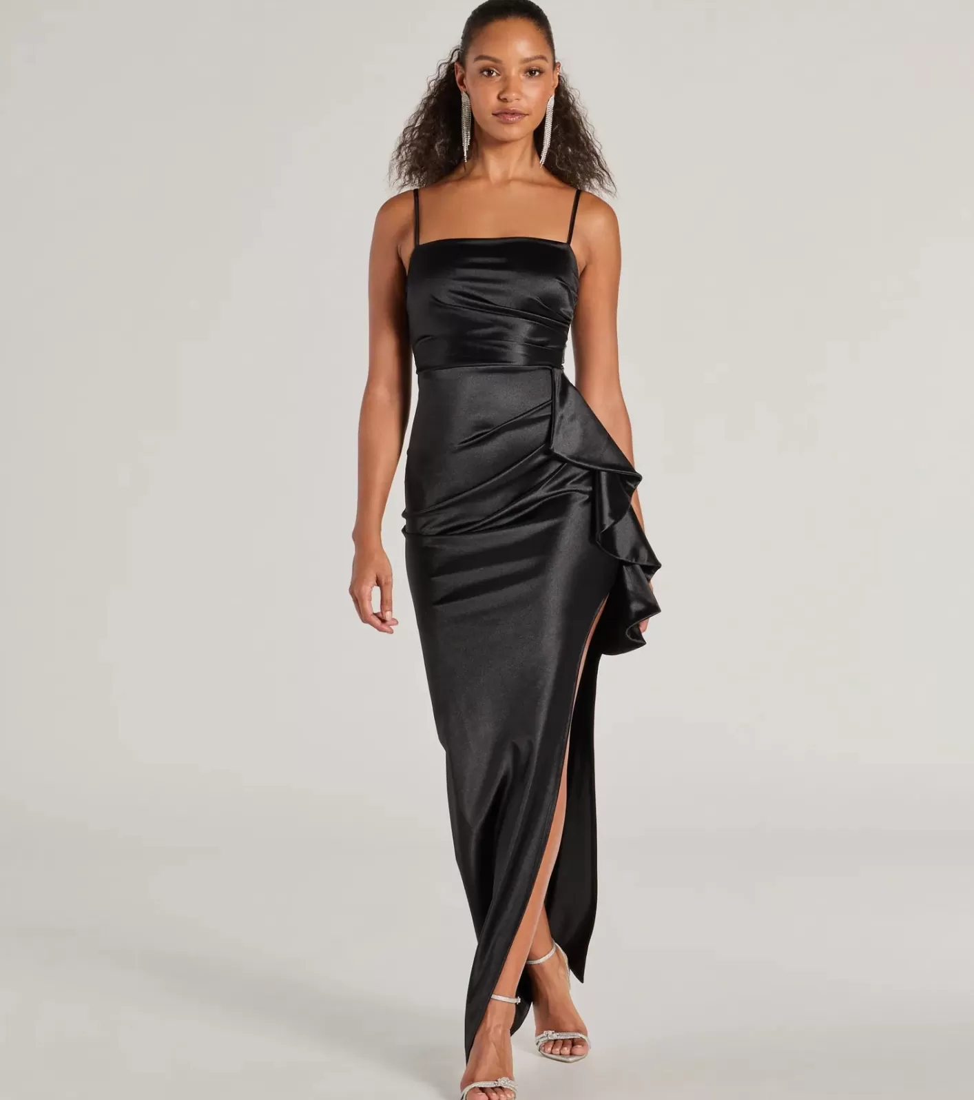 Windsor Melissa Sleeveless Ruffle Slim Satin Formal Dress BLACK Shop