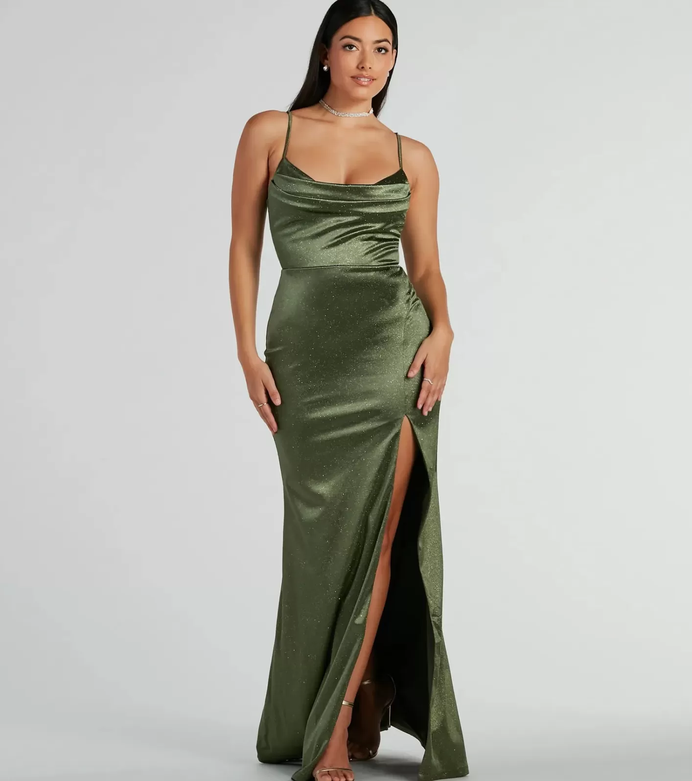 Windsor Melody Cowl Neck Mermaid Glitter Satin Formal Dress OLIVE Cheap