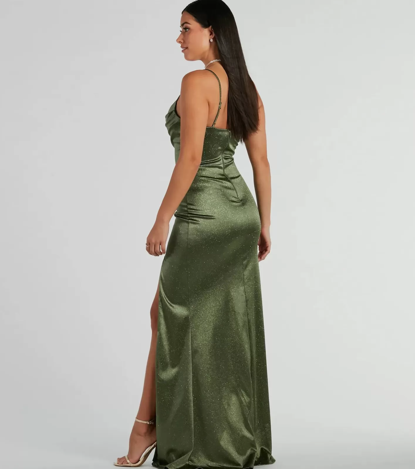 Windsor Melody Cowl Neck Mermaid Glitter Satin Formal Dress OLIVE Cheap