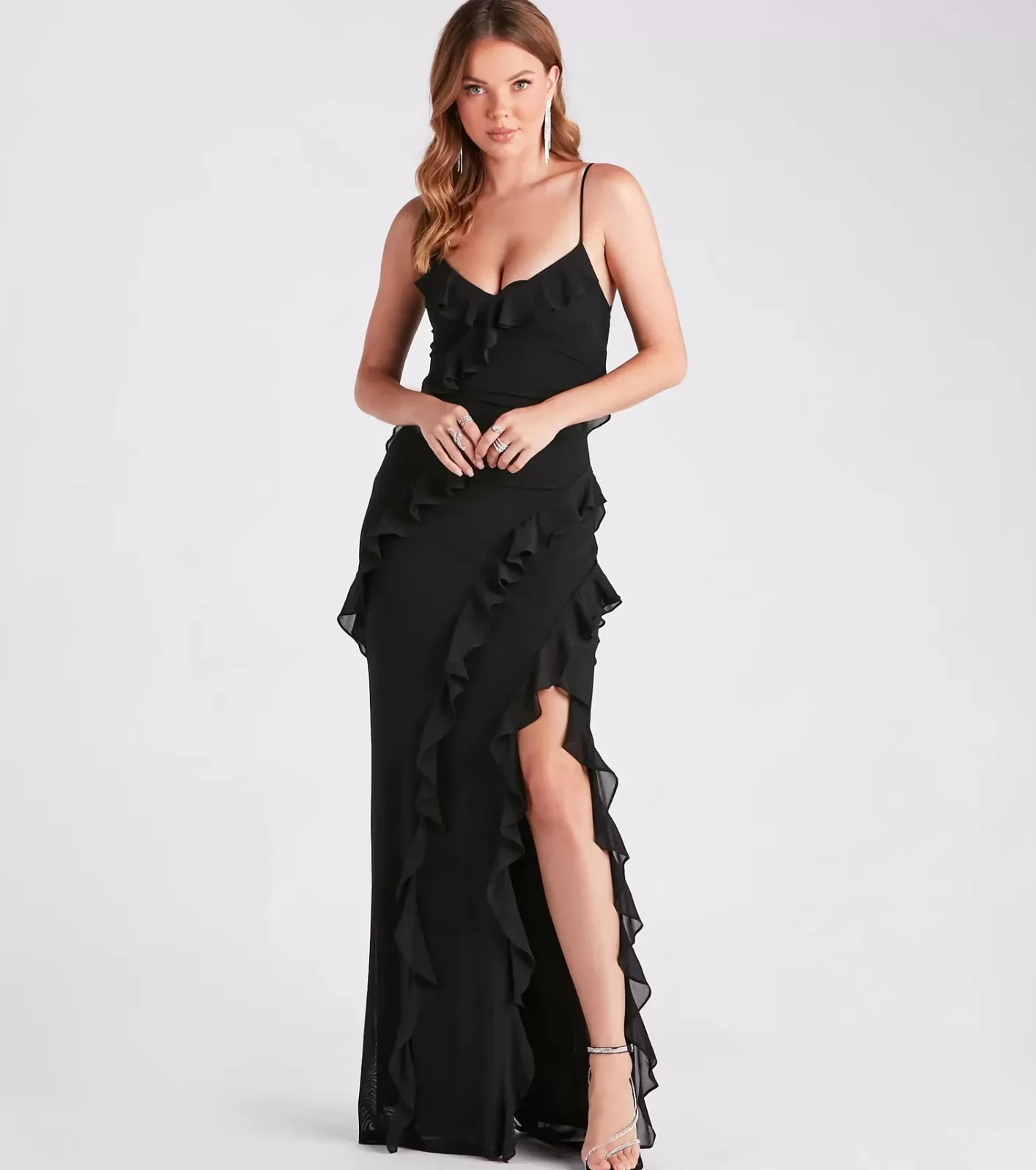 Windsor Melrose Formal Mesh Ruffle Mermaid Dress BLACK Flash Sale