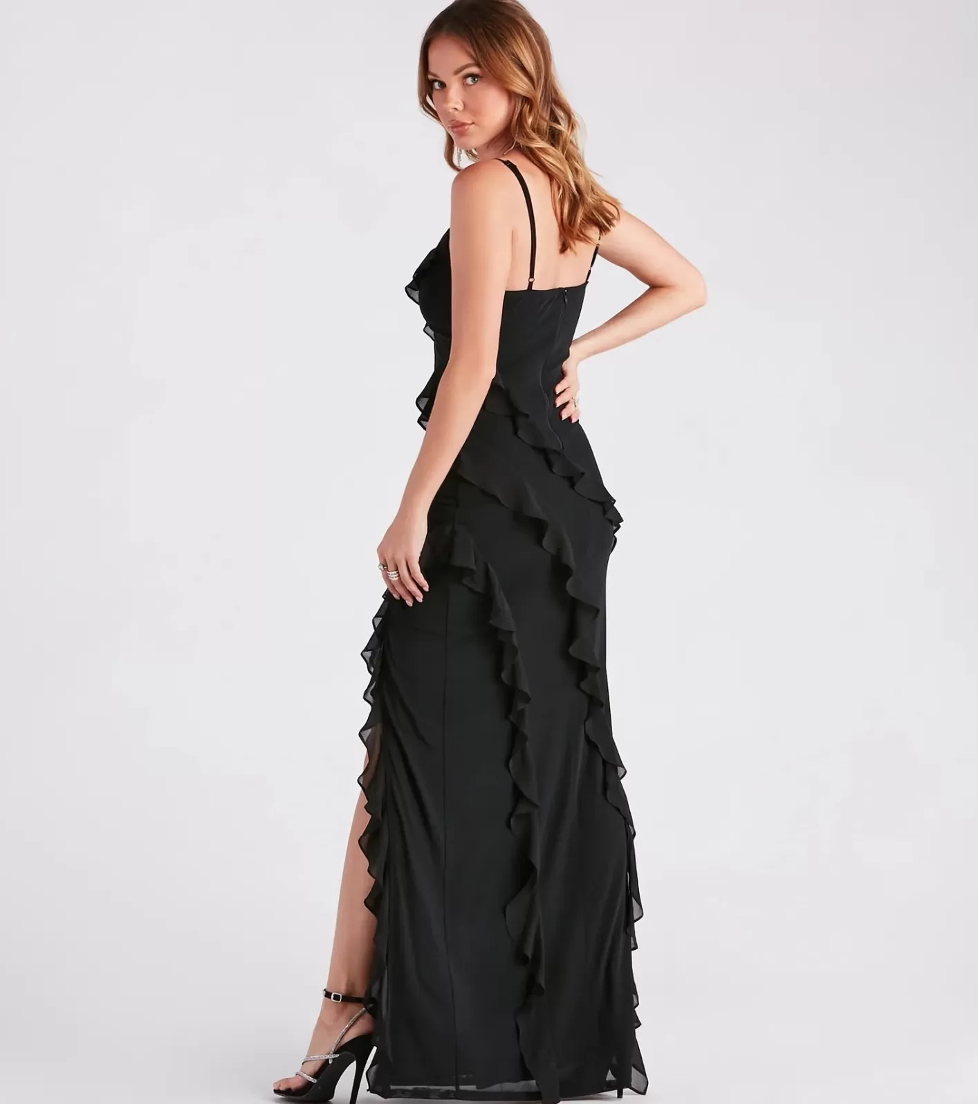 Windsor Melrose Formal Mesh Ruffle Mermaid Dress BLACK Flash Sale