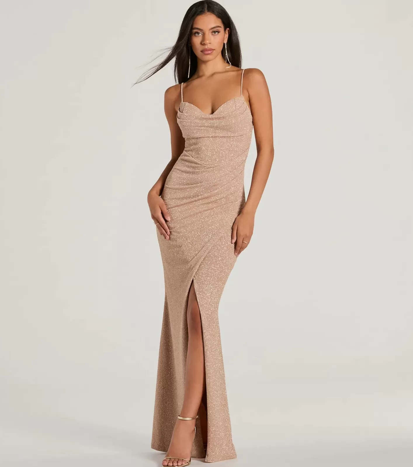 Windsor Mila Cowl Neck Wrap Slit Mermaid Glitter Formal Dress MAUVE New
