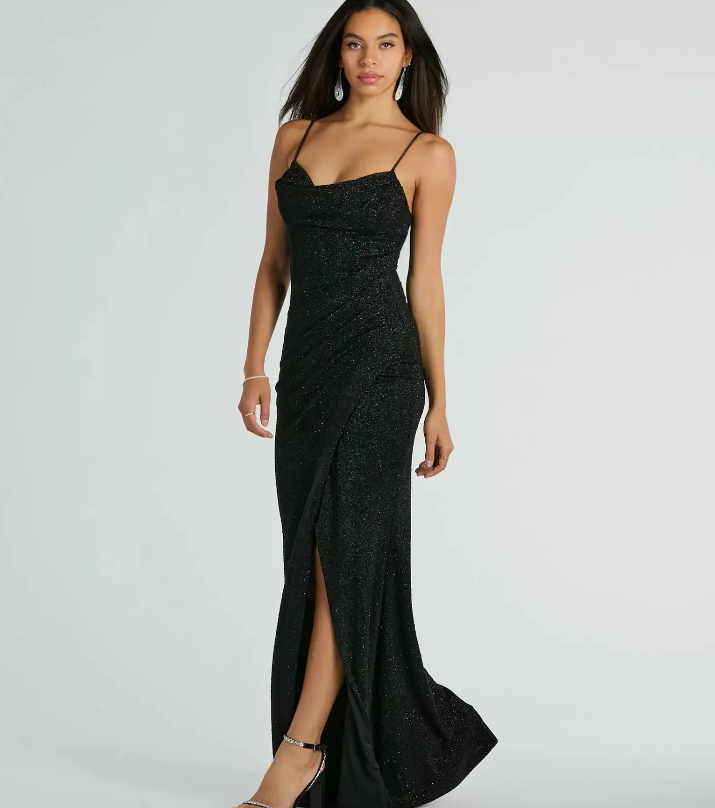 Windsor Mila Cowl Neck Wrap Slit Mermaid Glitter Formal Dress BLACK Fashion