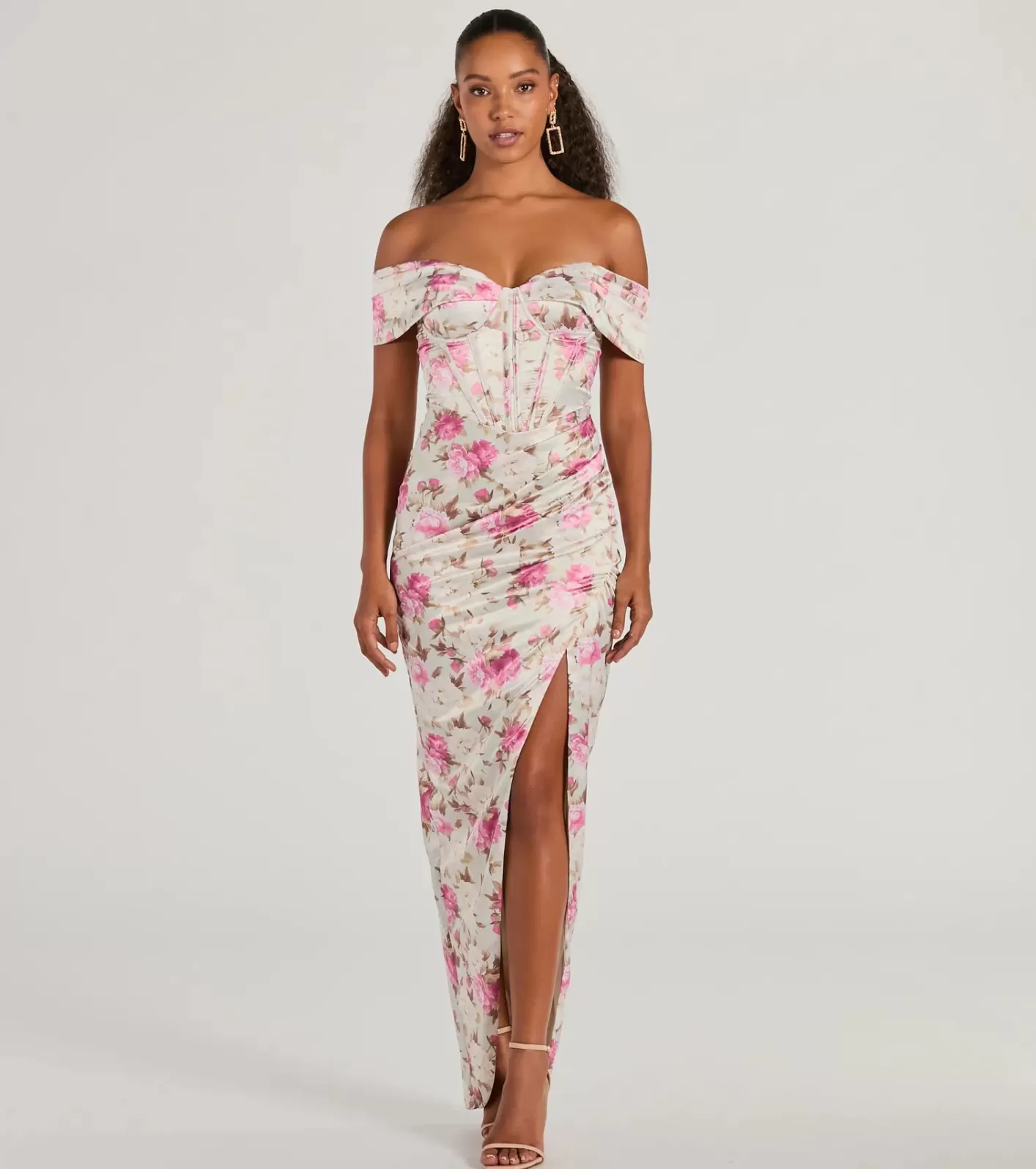 Windsor Mildred Off-The-Shoulder Floral Satin Formal Dress TAUPE Hot