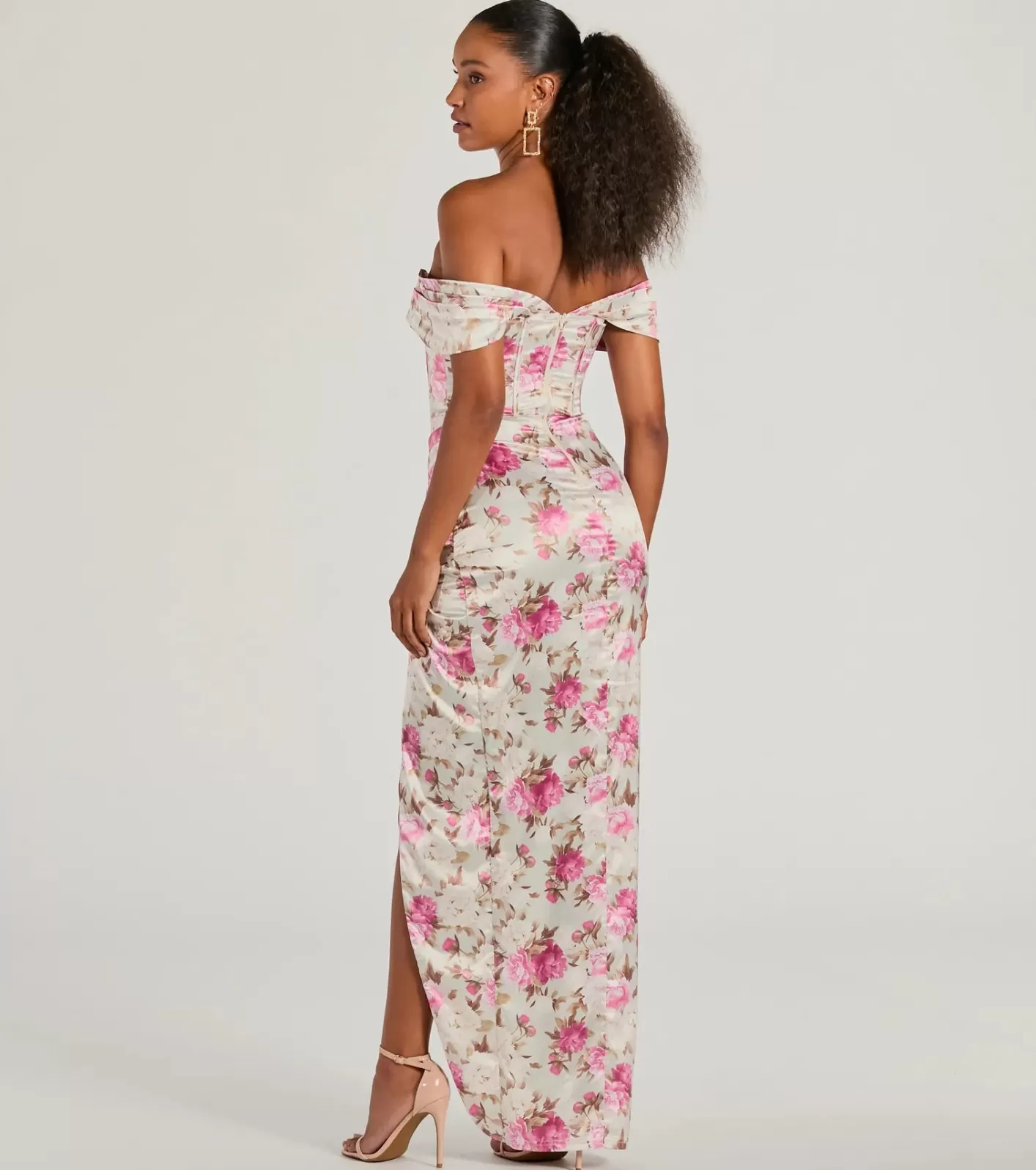 Windsor Mildred Off-The-Shoulder Floral Satin Formal Dress TAUPE Hot