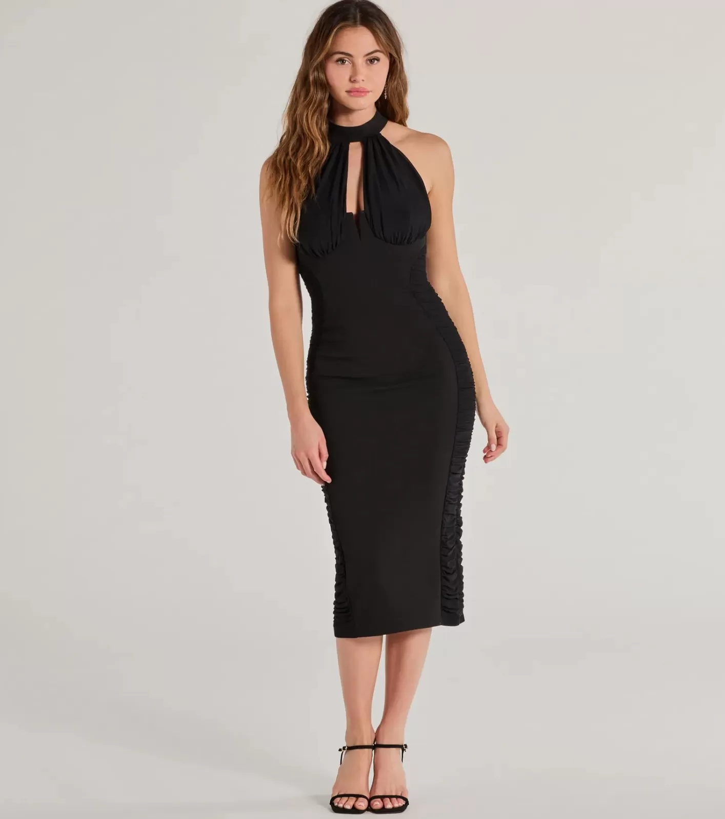 Windsor Mina Formal High Neck Ruched Midi Dress BLACK Cheap