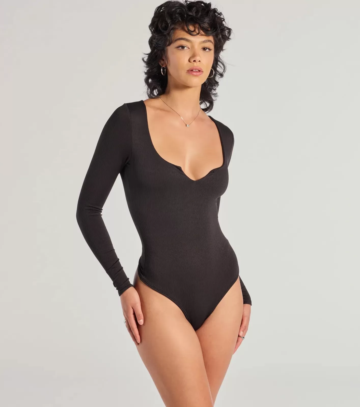 Windsor Minimal Chic Ribbed Knit Long Sleeve Bodysuit BLACK New