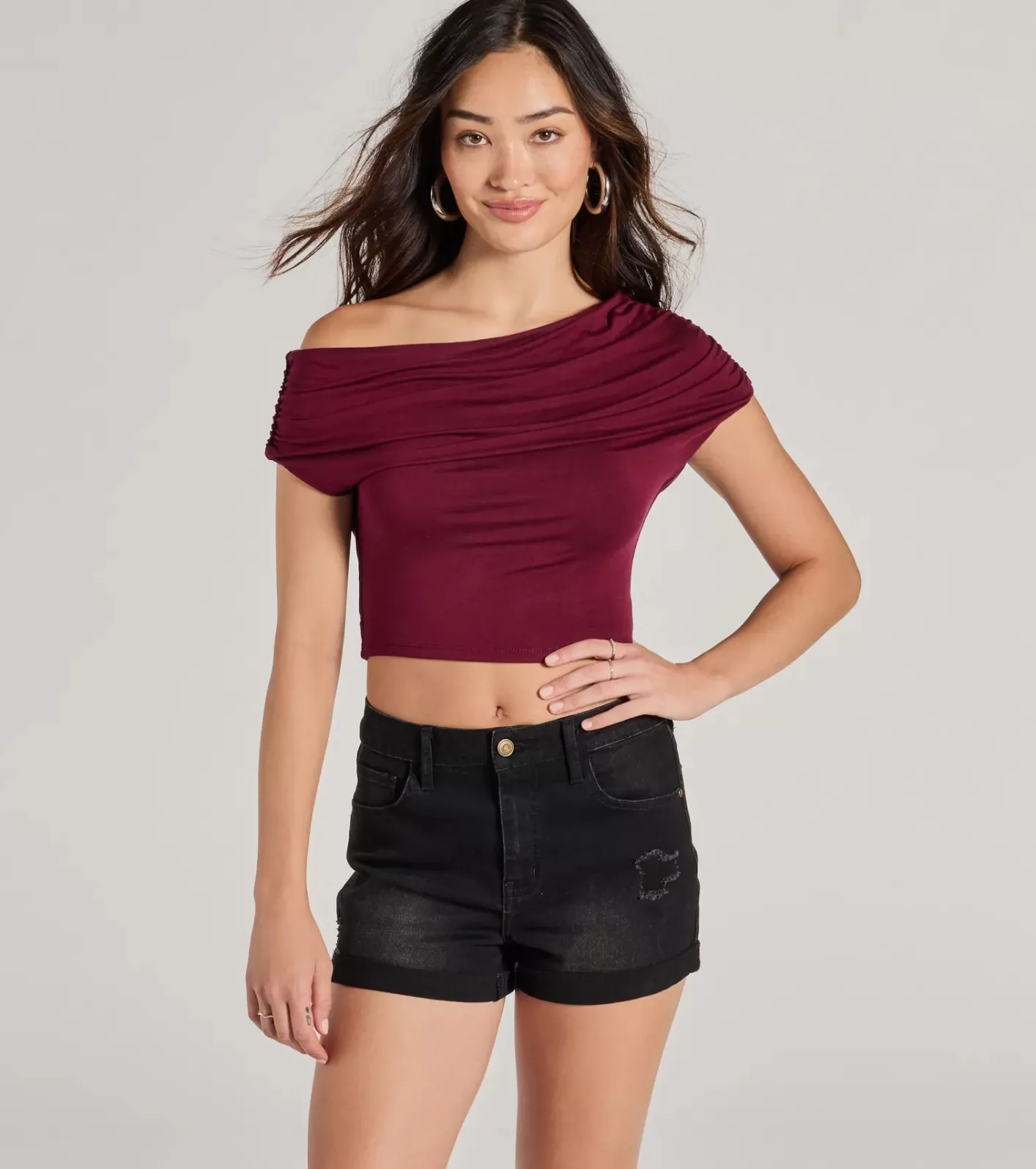 Windsor Modern Chic One-Shoulder Crop Top WINE Cheap