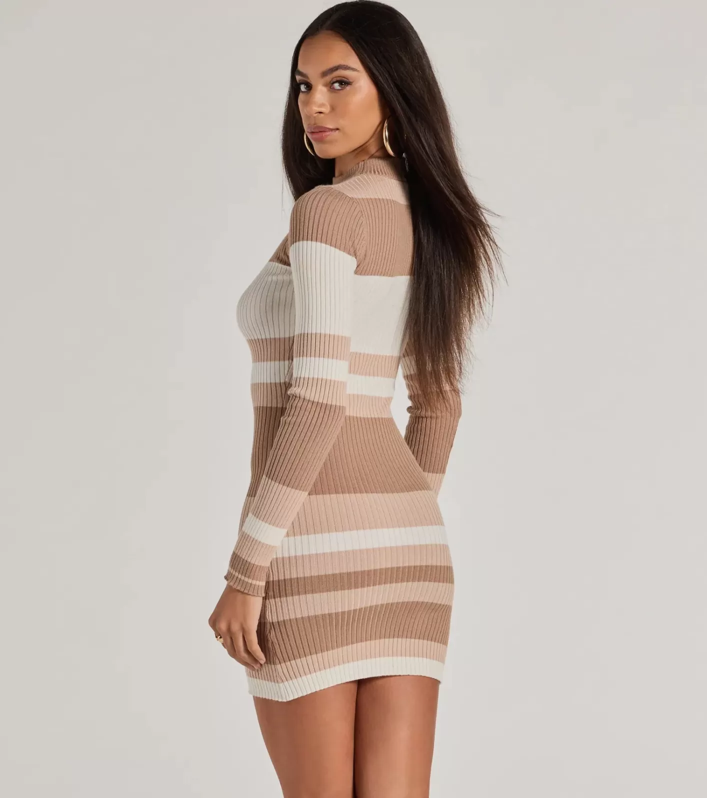 Windsor Modern Stripes Ribbed Knit Long Sleeve Mini Dress TAUPE Flash Sale