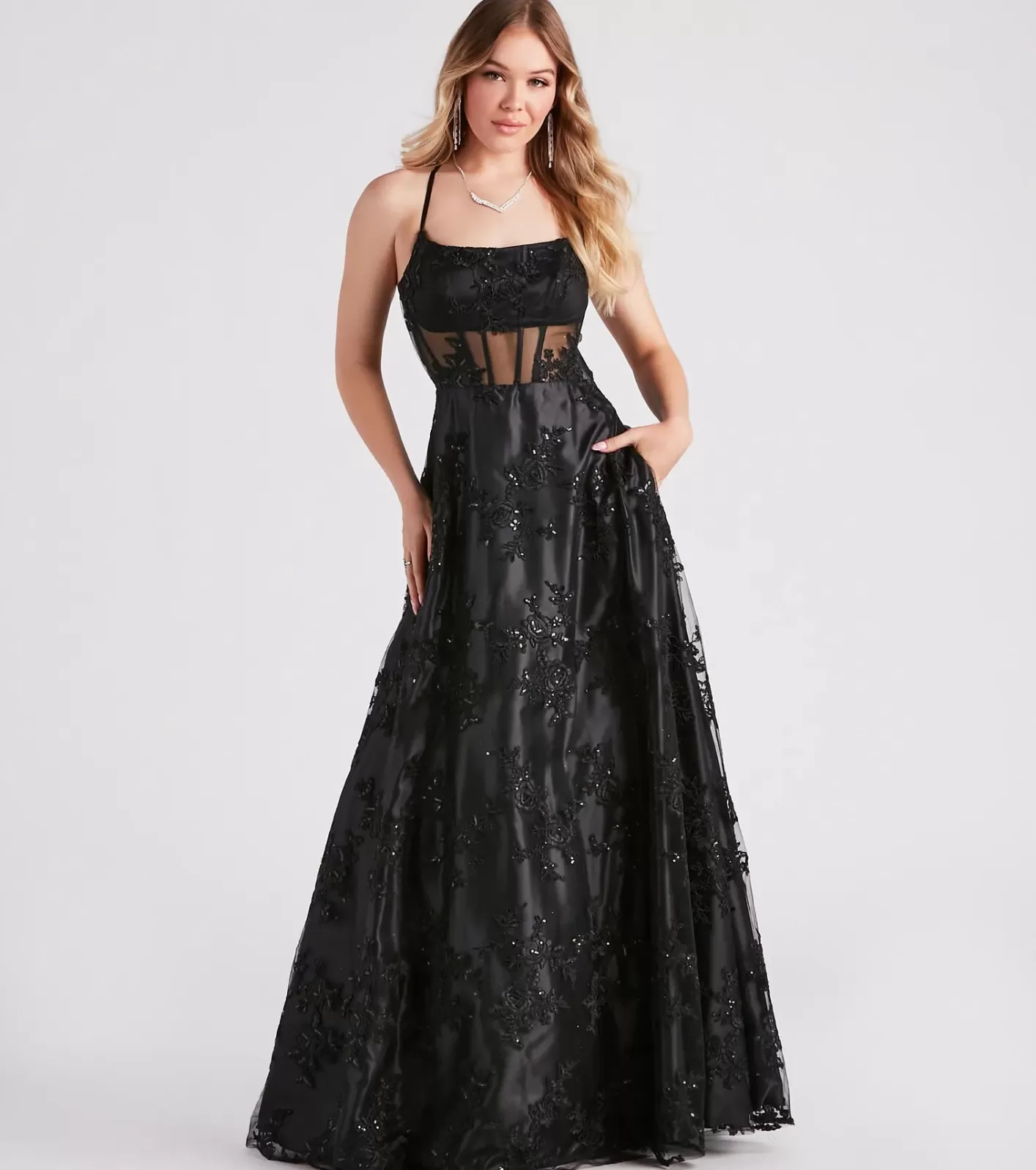 Windsor Monica Sequin Embroidered Lace Ball Gown BLACK Online