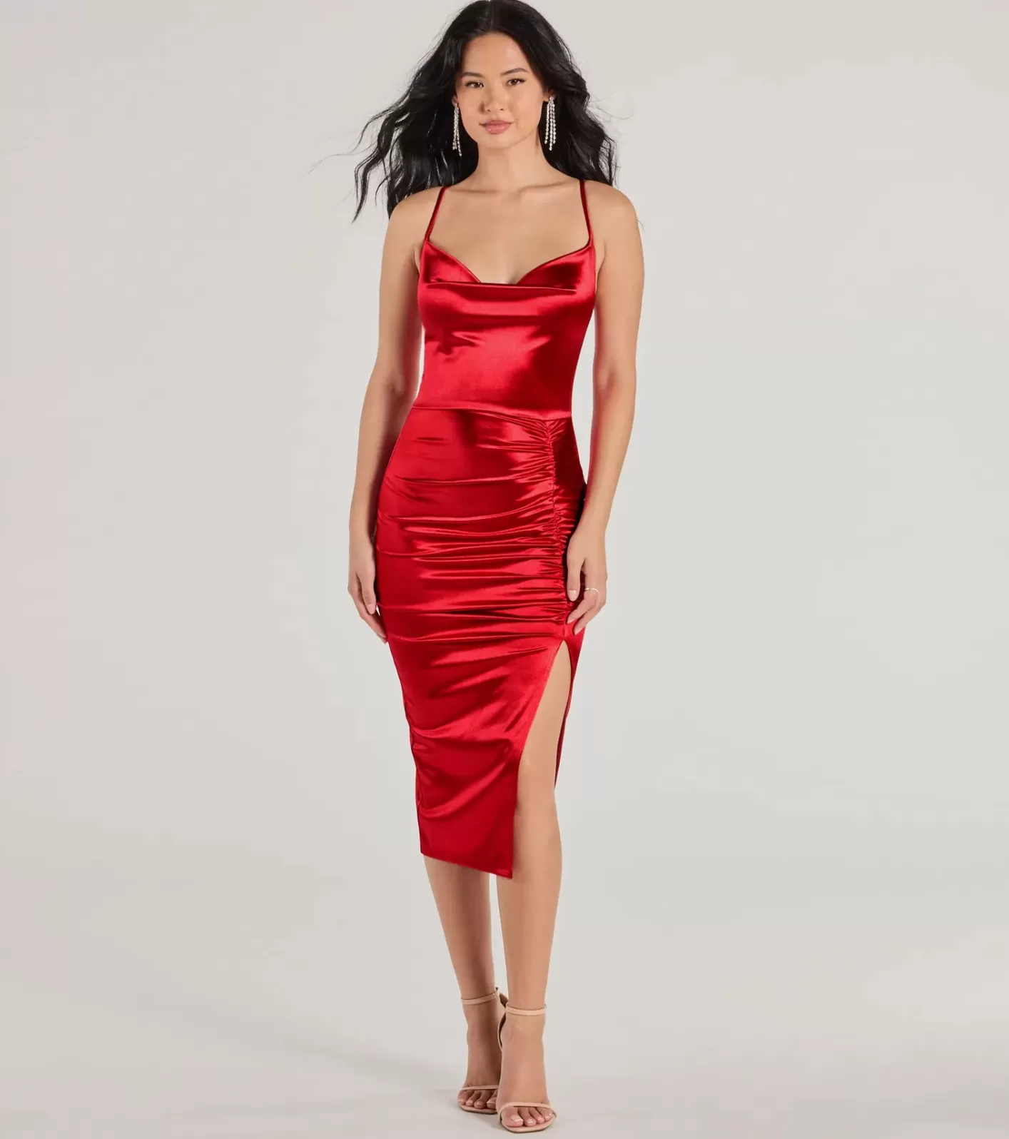 Windsor Nadine Formal Ruched Satin Midi Dress RED Discount