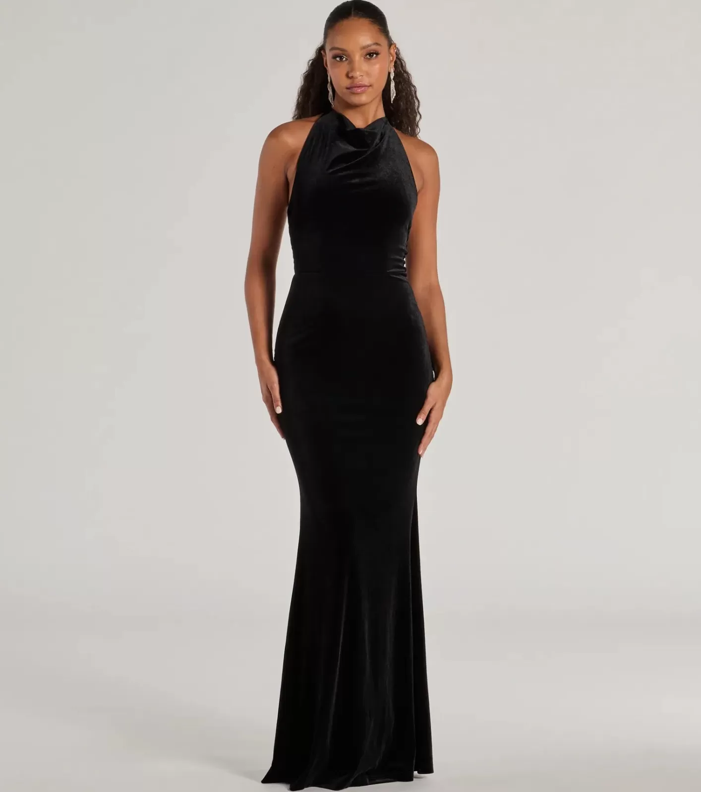Windsor Nara Long Velvet Halter Mermaid Dress BLACK Sale