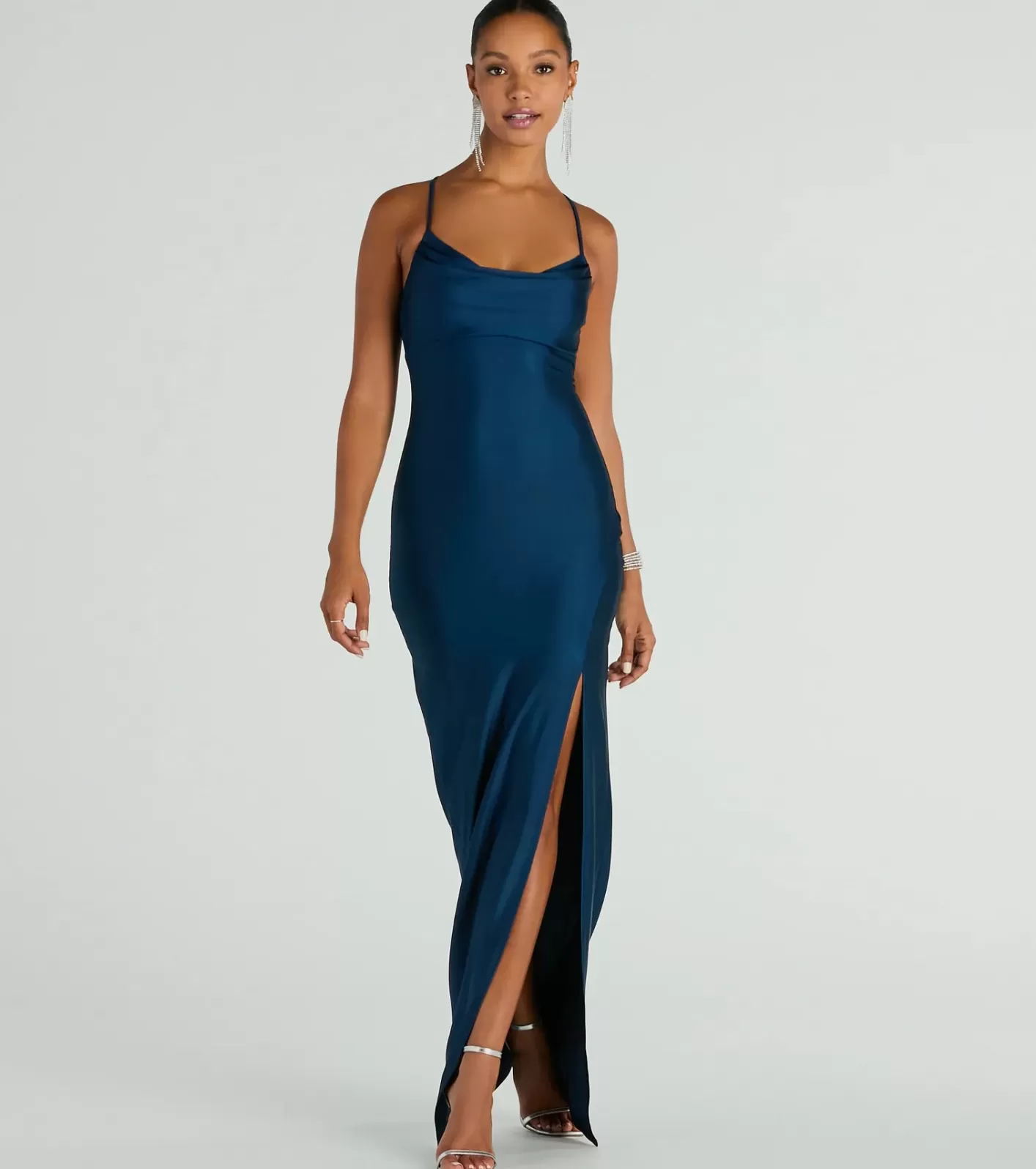 Windsor Natalie Cowl Neck Lace Up Slit Formal Dress NAVY New
