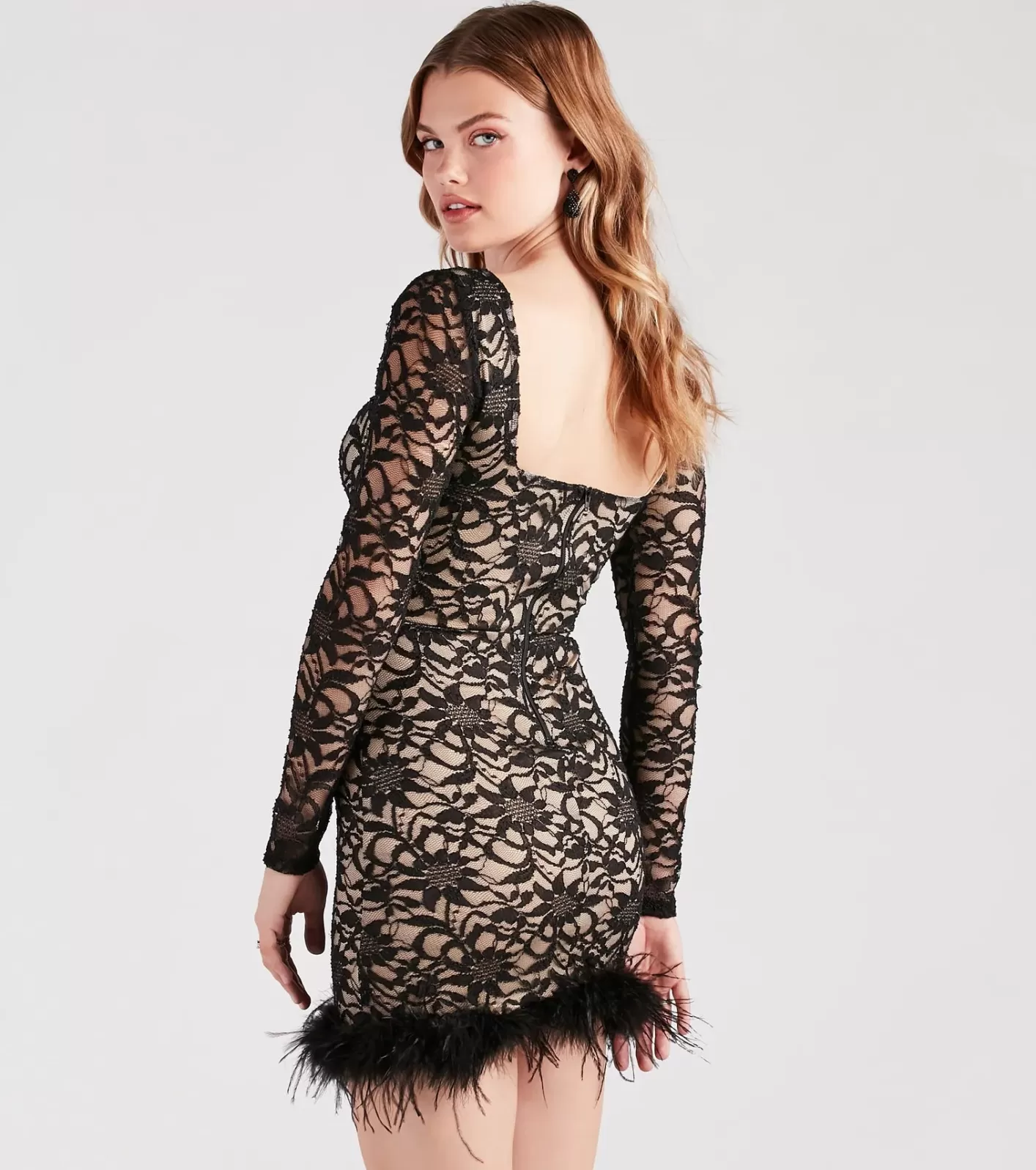 Windsor Natasha Lace Long Sleeve Feather Mini Dress BLACK Online