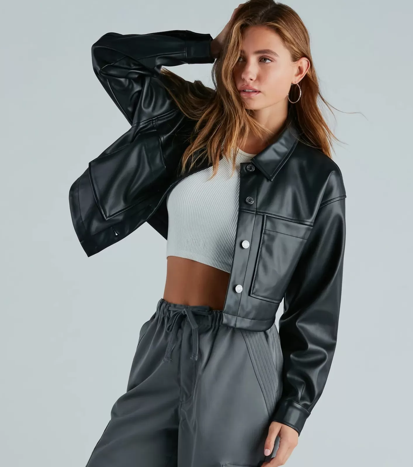 Windsor New Rule Faux Leather Crop Shacket BLACK Cheap