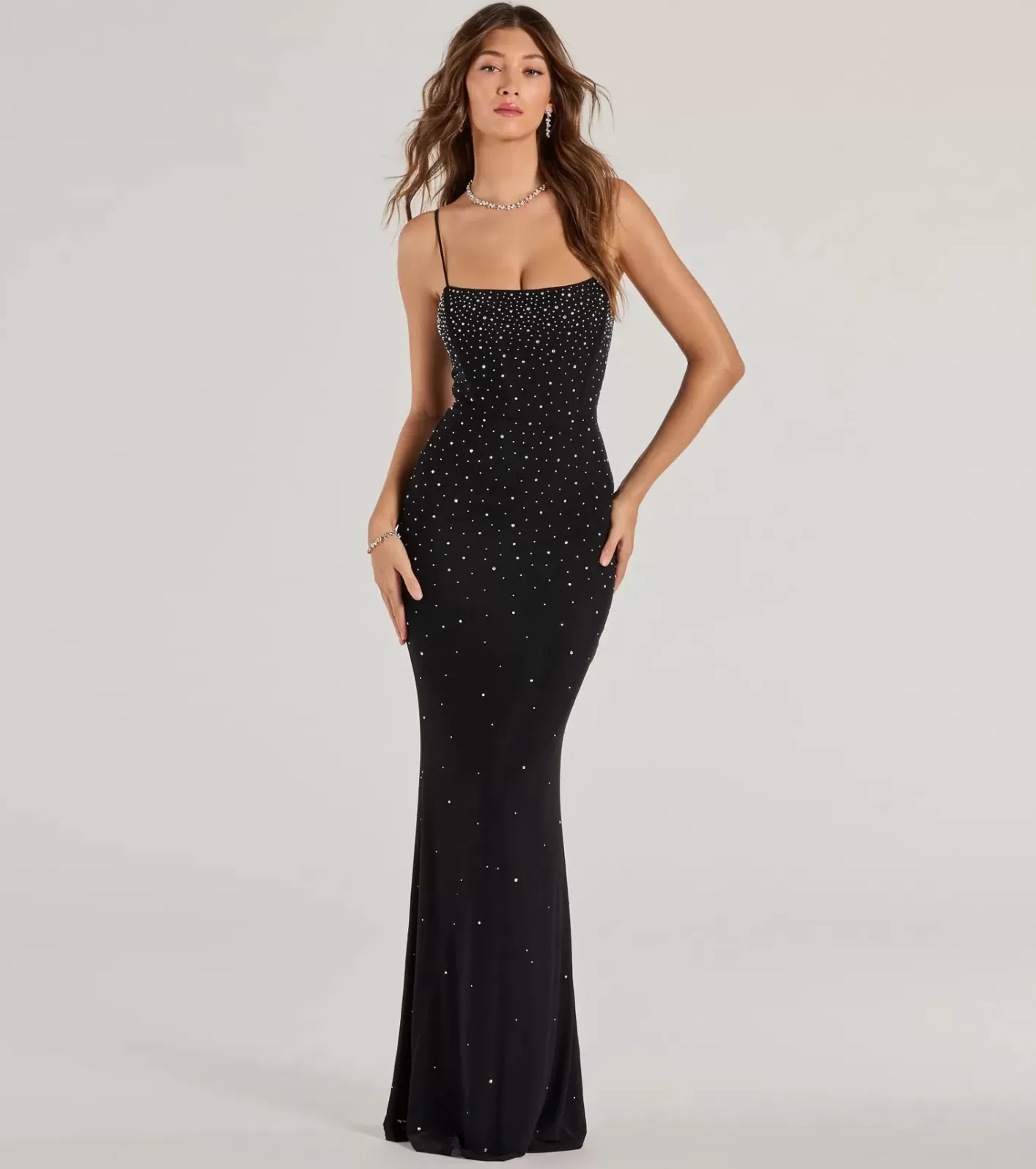 Windsor Noa Lace-Up Rhinestone Corset Mermaid Dress BLACK Sale