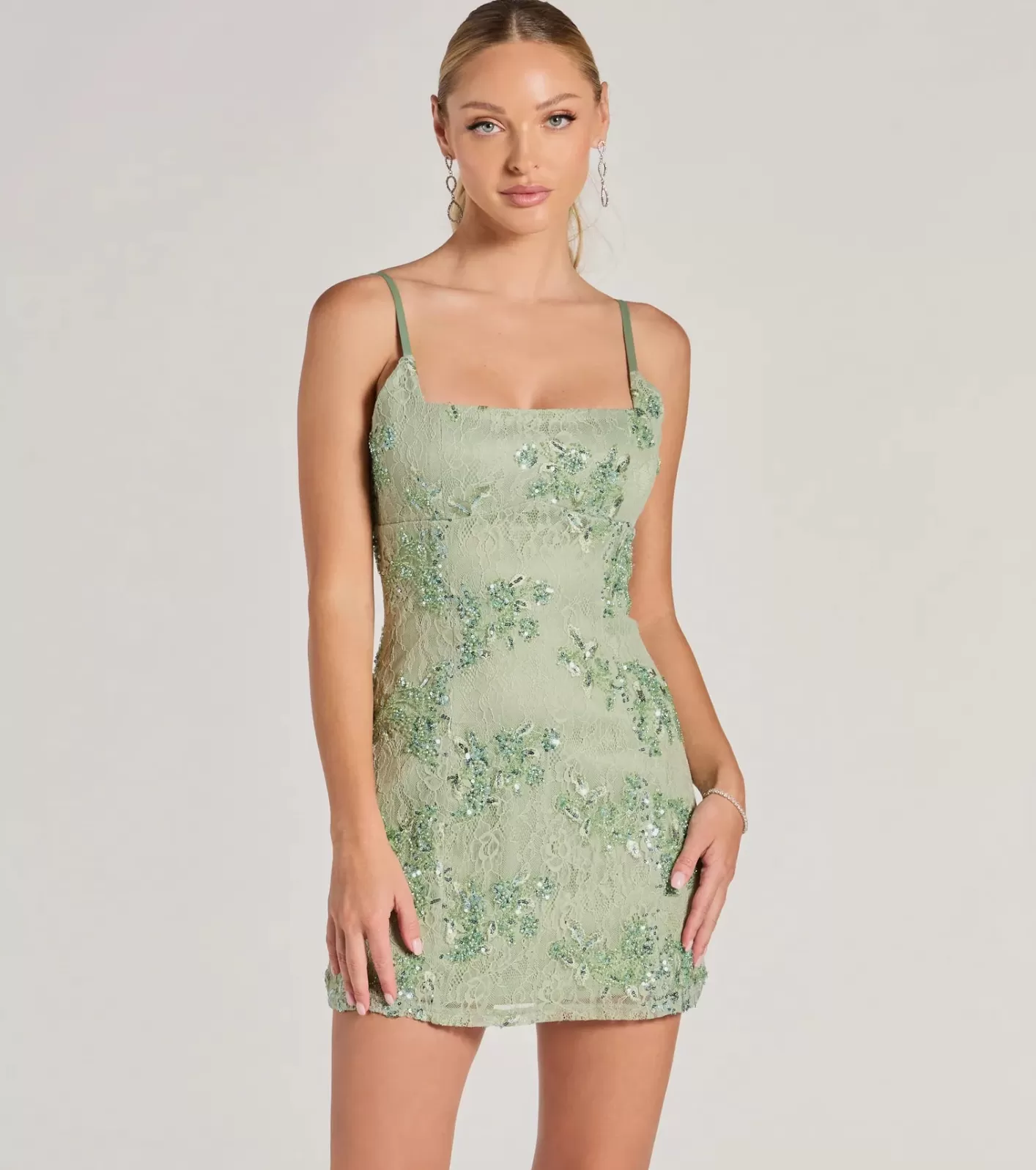 Windsor Odette Sequin Beaded Floral Lace Mini Dress SAGE Clearance