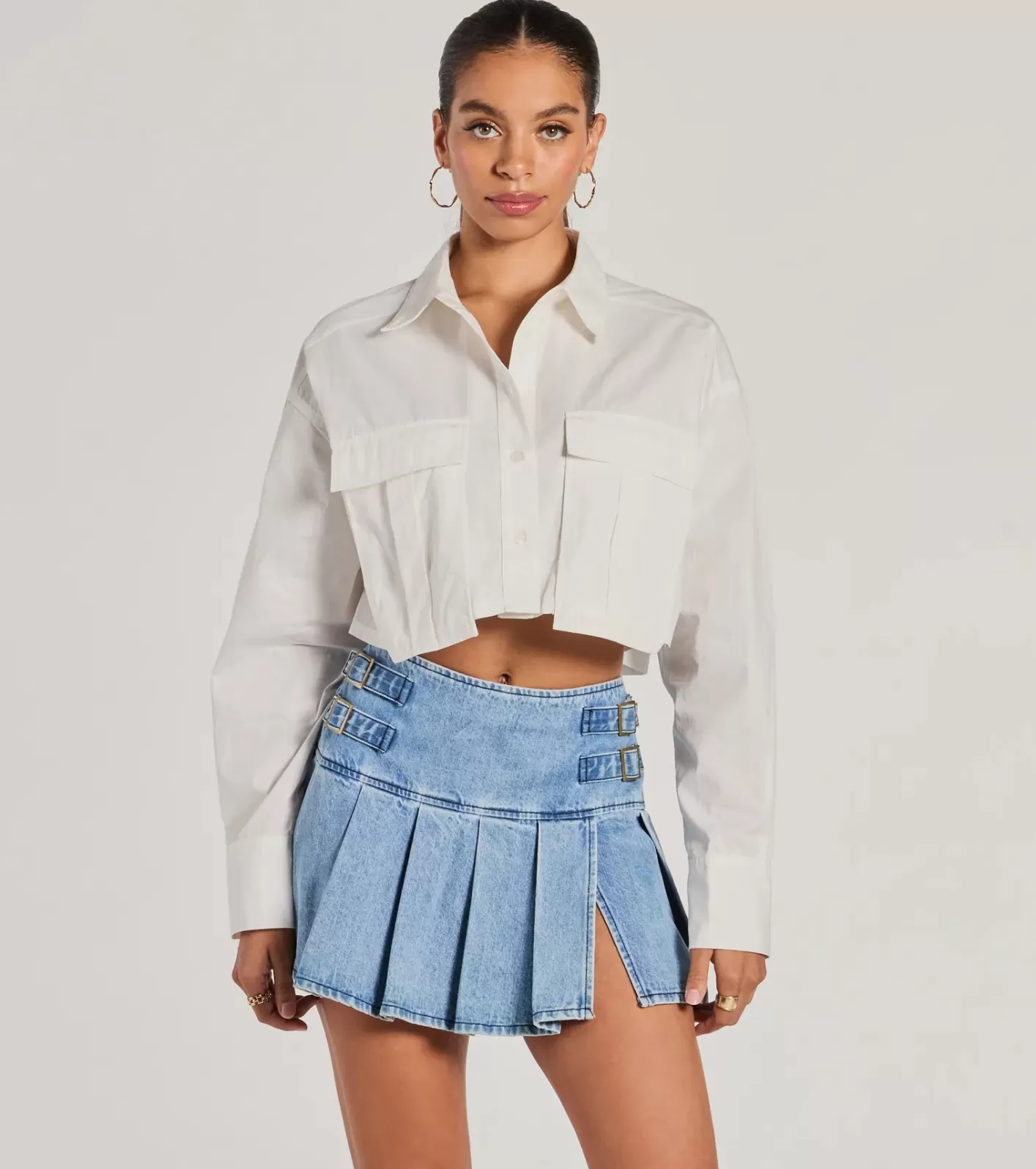 Windsor Officially Cute Long Sleeve Button Down Crop Top WHITE Best