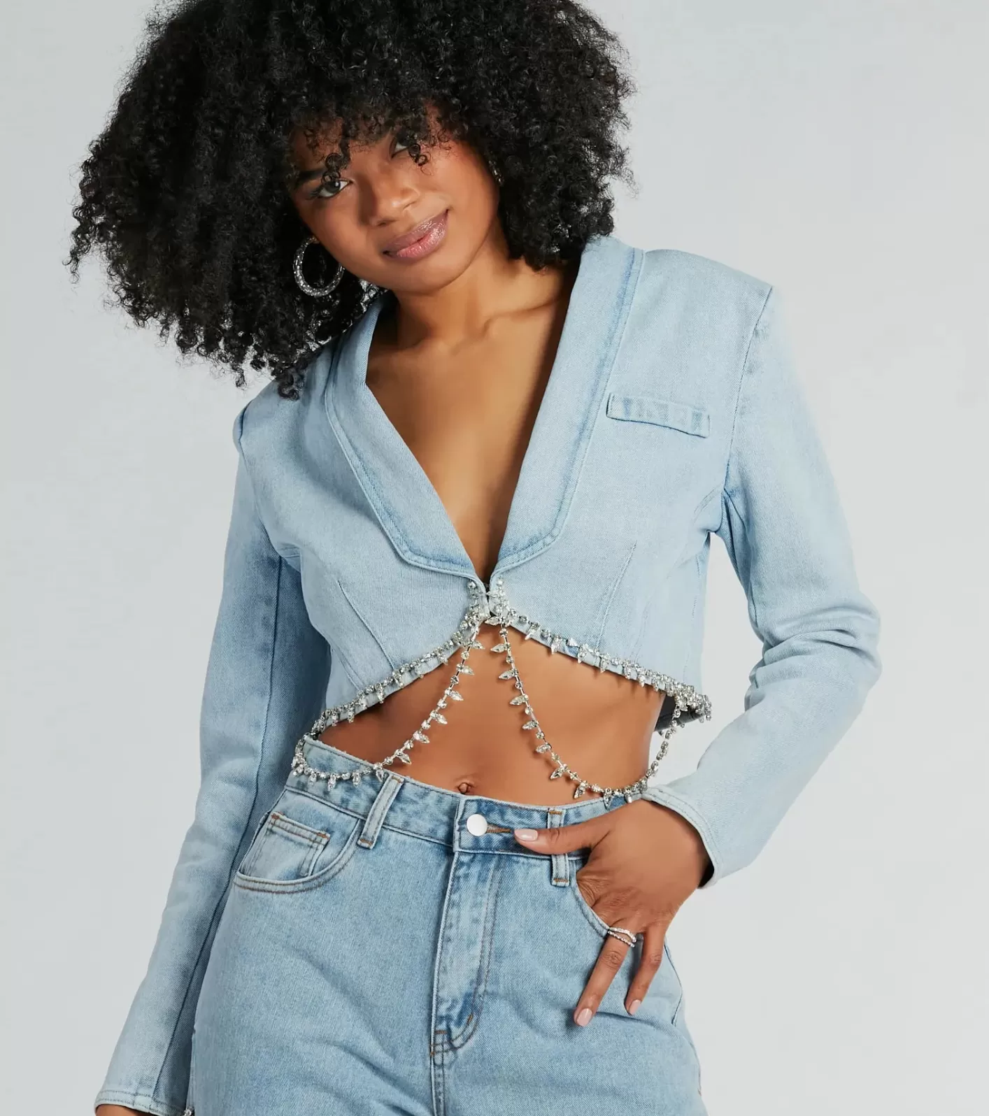 Windsor Oh So Icy Rhinestone Trim Crop Denim Blazer LIGHTDENIM Sale