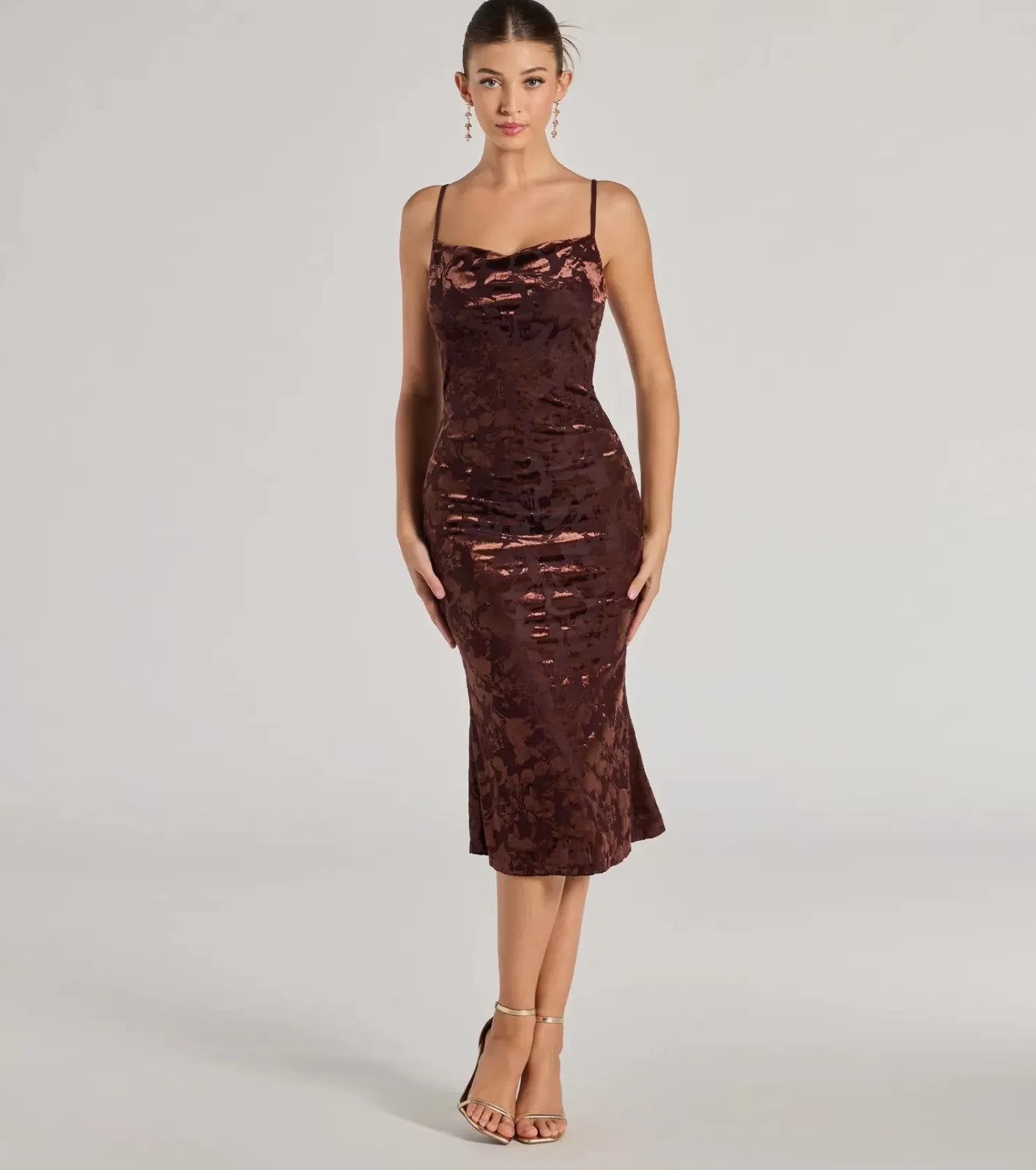 Windsor Oh-So-Chic Floral Velvet Burnout Midi Dress BROWN Flash Sale