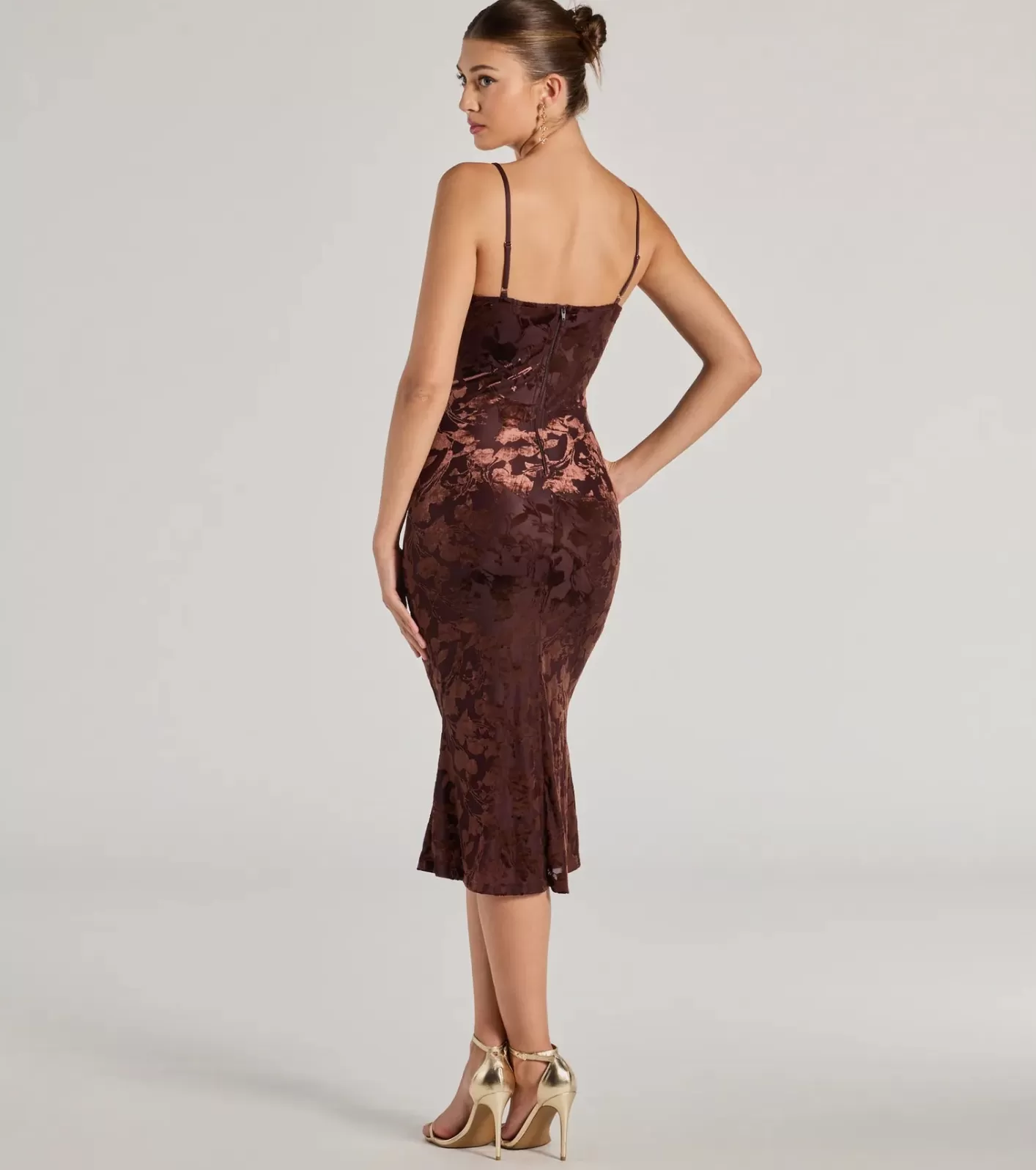 Windsor Oh-So-Chic Floral Velvet Burnout Midi Dress BROWN Flash Sale