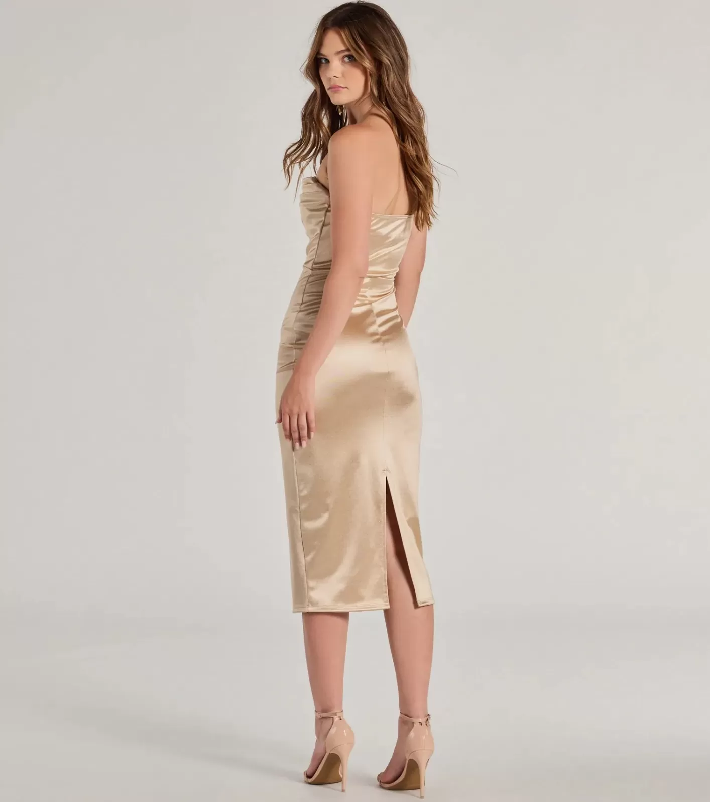 Windsor One To Remember Strapless Pleated Satin Midi Dress GOLD Best