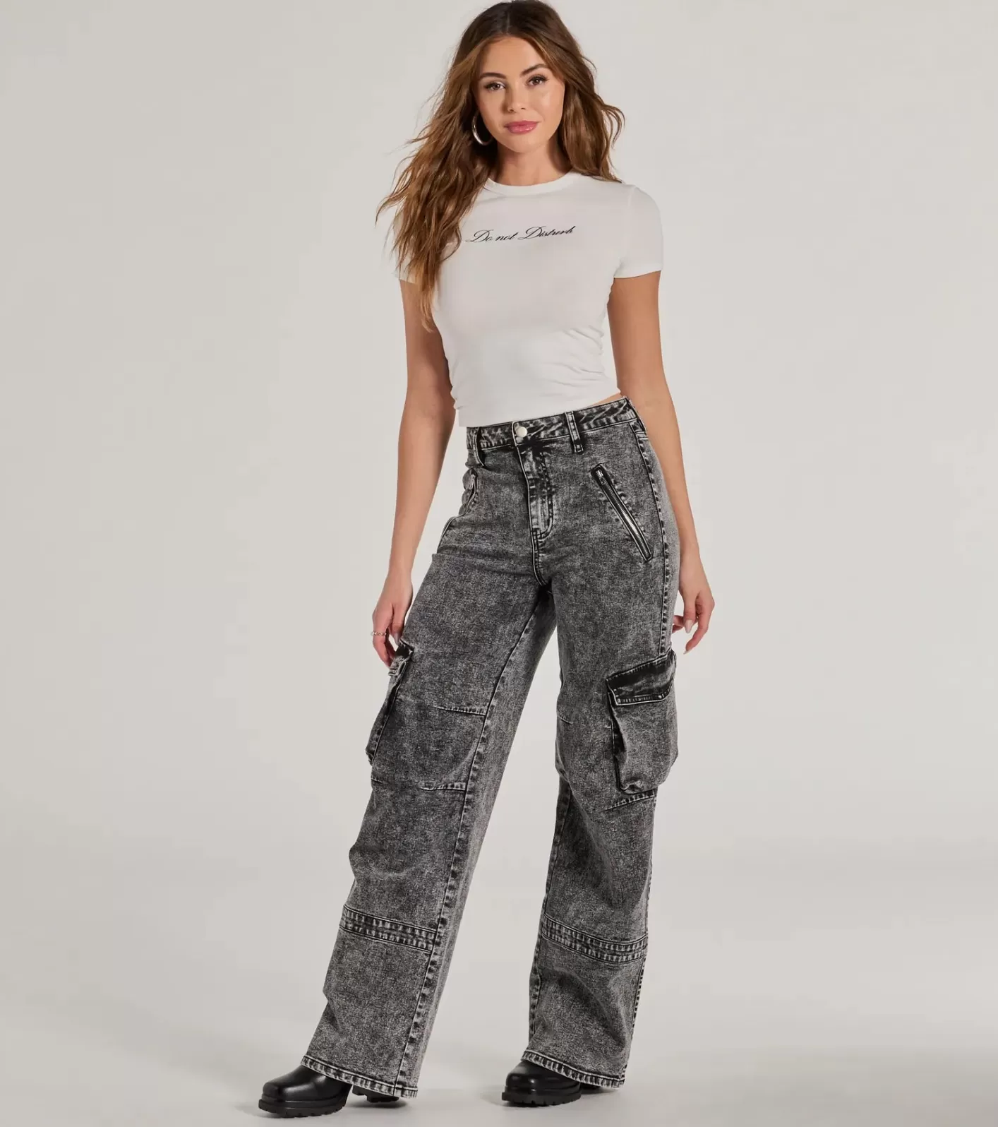 Windsor On-Trend High-Rise Cargo Acid Wash Jeans BLACK Flash Sale