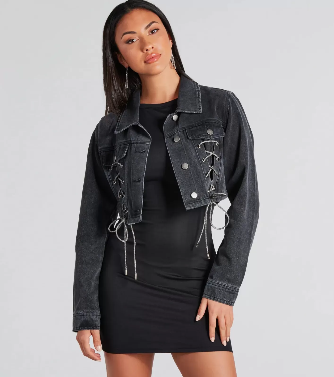 Windsor Outshine In Rhinestone Lace-Up Denim Jacket BLACKDENIM Best
