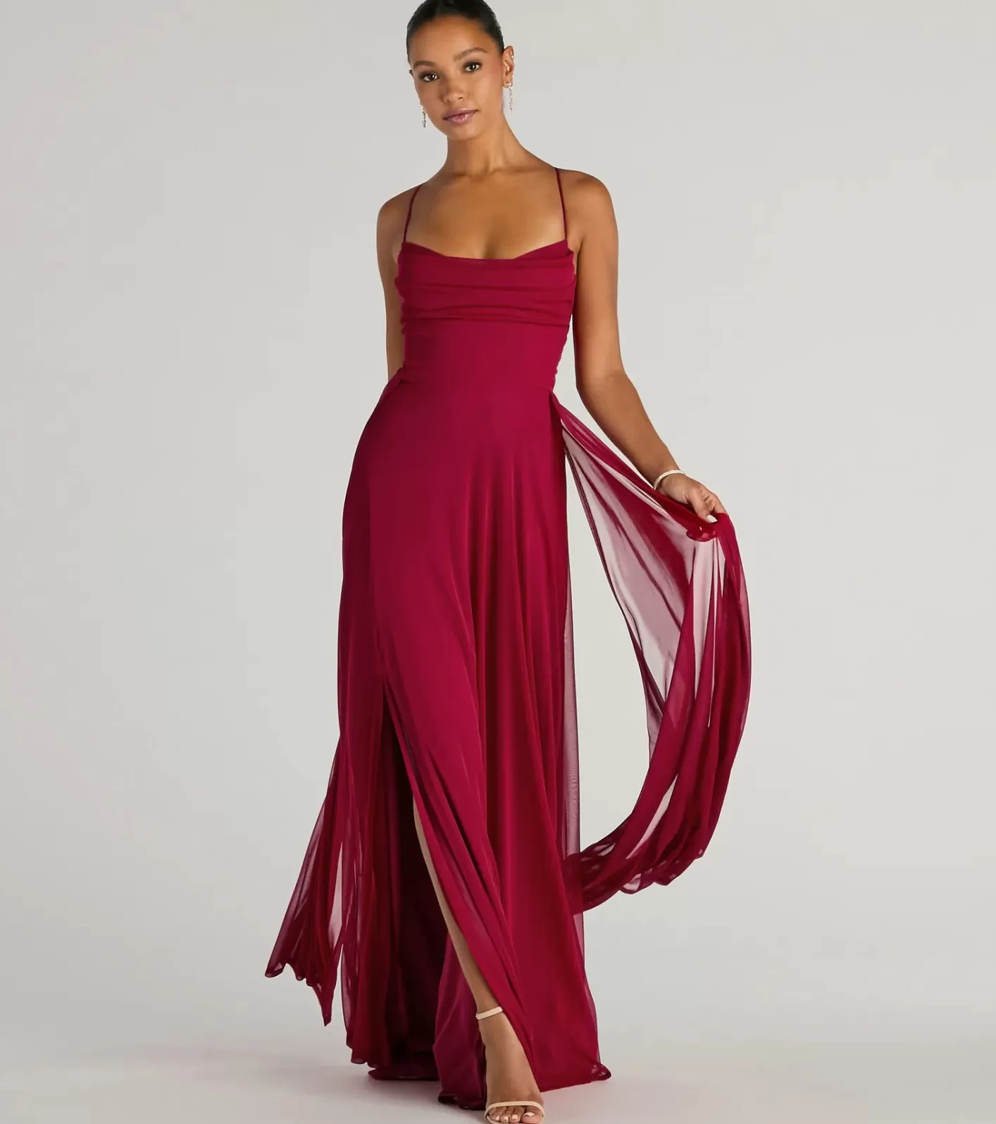 Windsor Paris Lace-Up Slit A-Line Chiffon Formal Dress RED Clearance